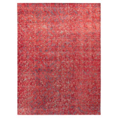 Rug & Kilim’s Distressed Style Modern Rug in Blue, Red Geometric Pattern