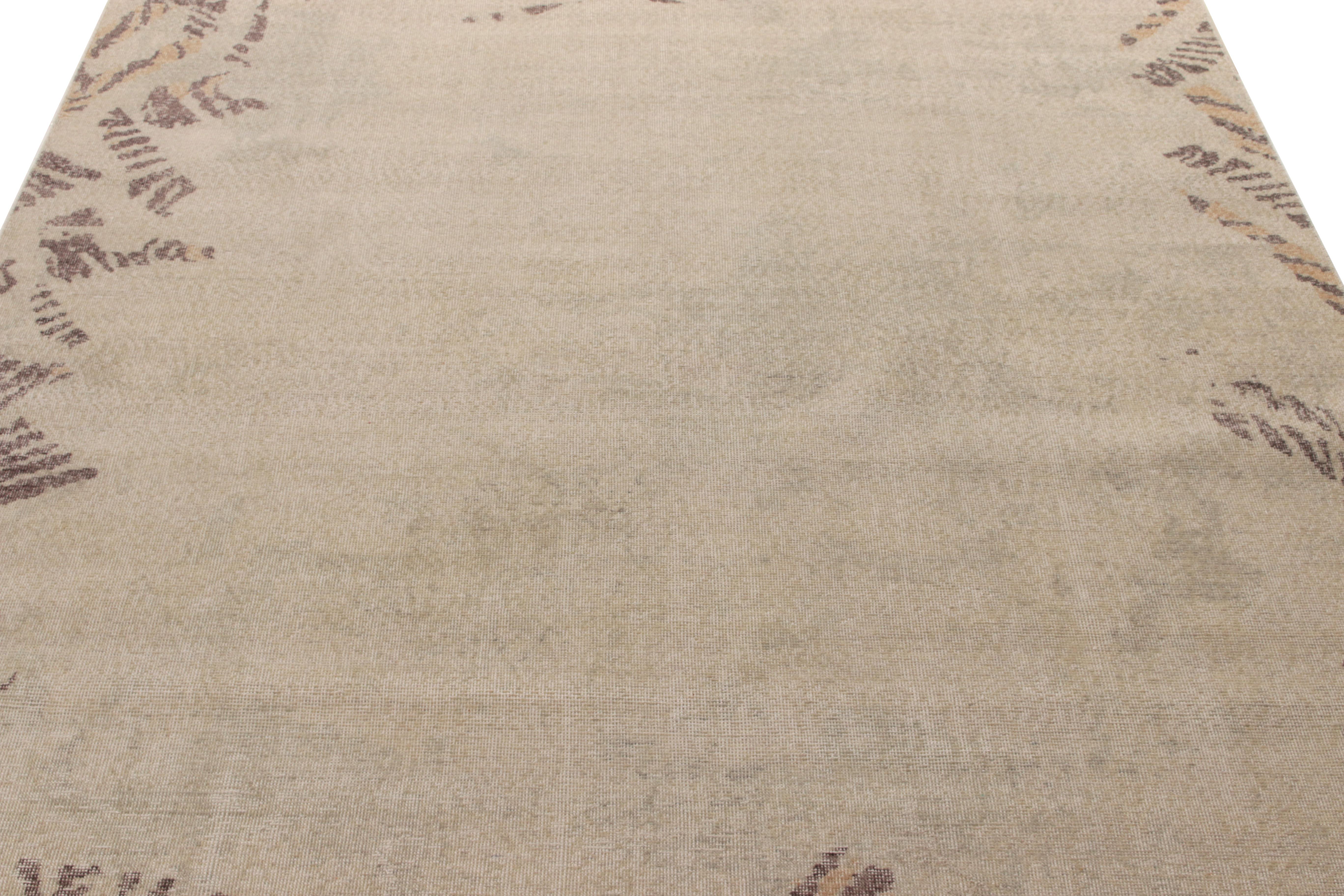 Indian Rug & Kilim's Distressed Style Modern Rug in Cream, Brown, Golden Open Field For Sale