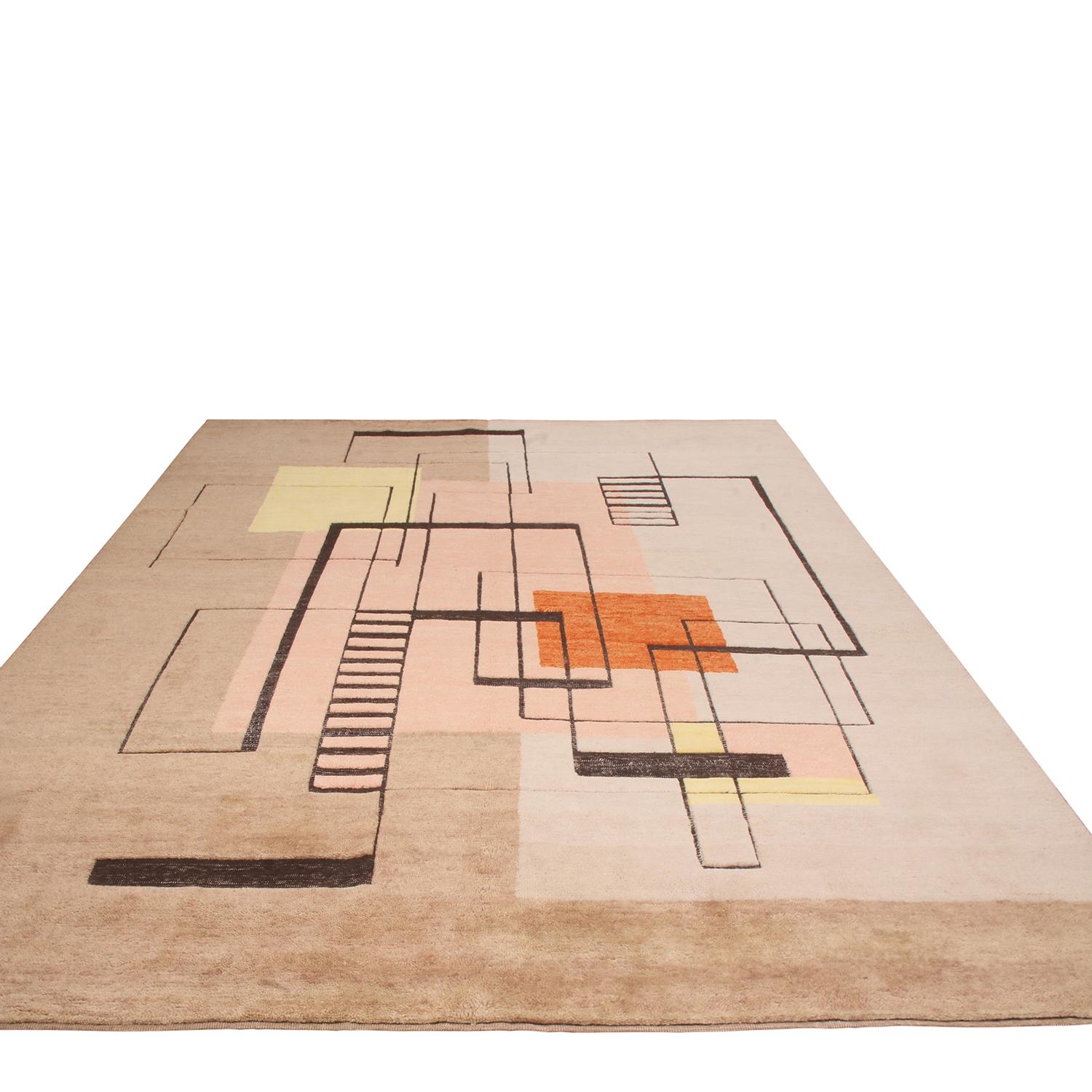  Hand knotted in high-quality wool pile accenting the field design, this geometric rug hails from the latest additions to the Mid-Century Modern collection by Rug & Kilim, refined over four years perfecting a new approach to unique large-scale