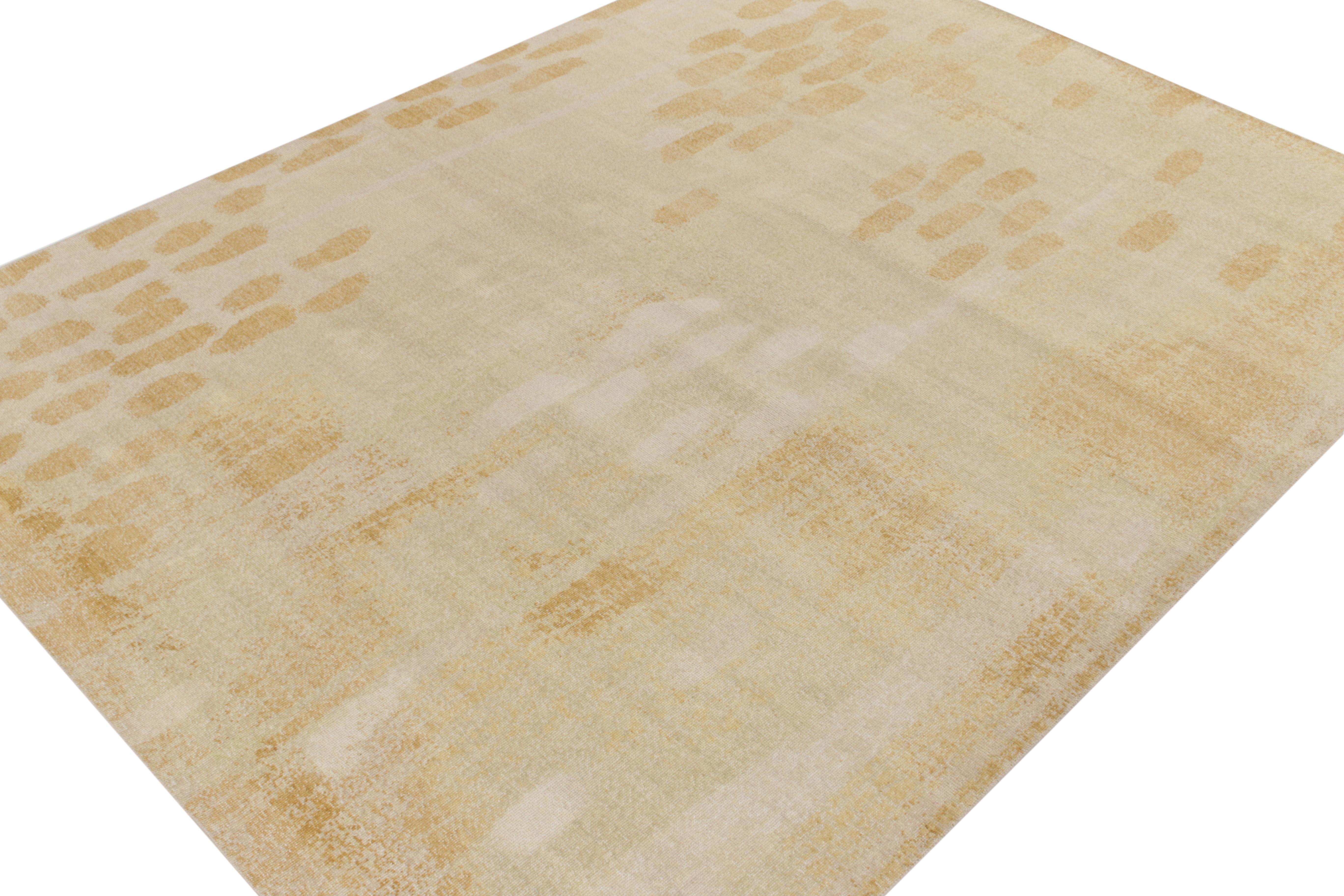 Indian Rug & Kilim's Distressed Style Modern Rug in Cream, Gold, White Dots Pattern For Sale