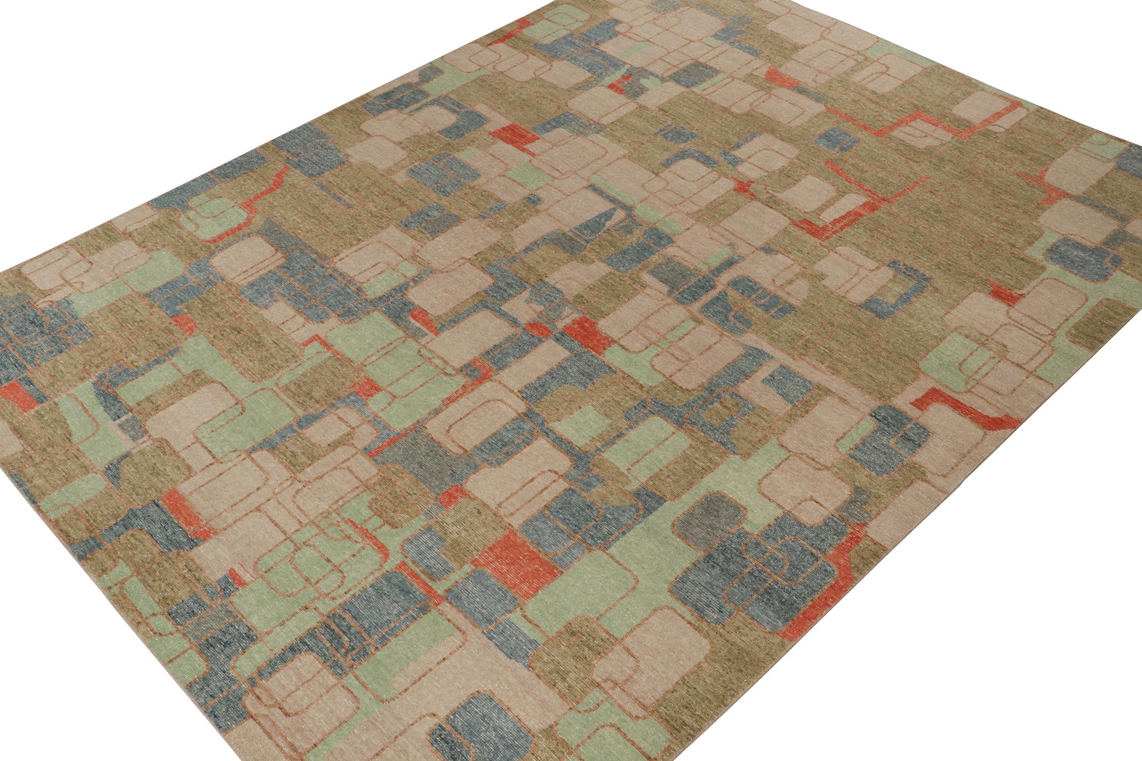 ????This 9x12 rug is a bold new addition to the Homage Collection by Rug & Kilim. Hand-knotted in wool and cotton, its design draws on mid-century modern rugs and recaptures it in distressed textural style.
Further on the Design:
This rug further