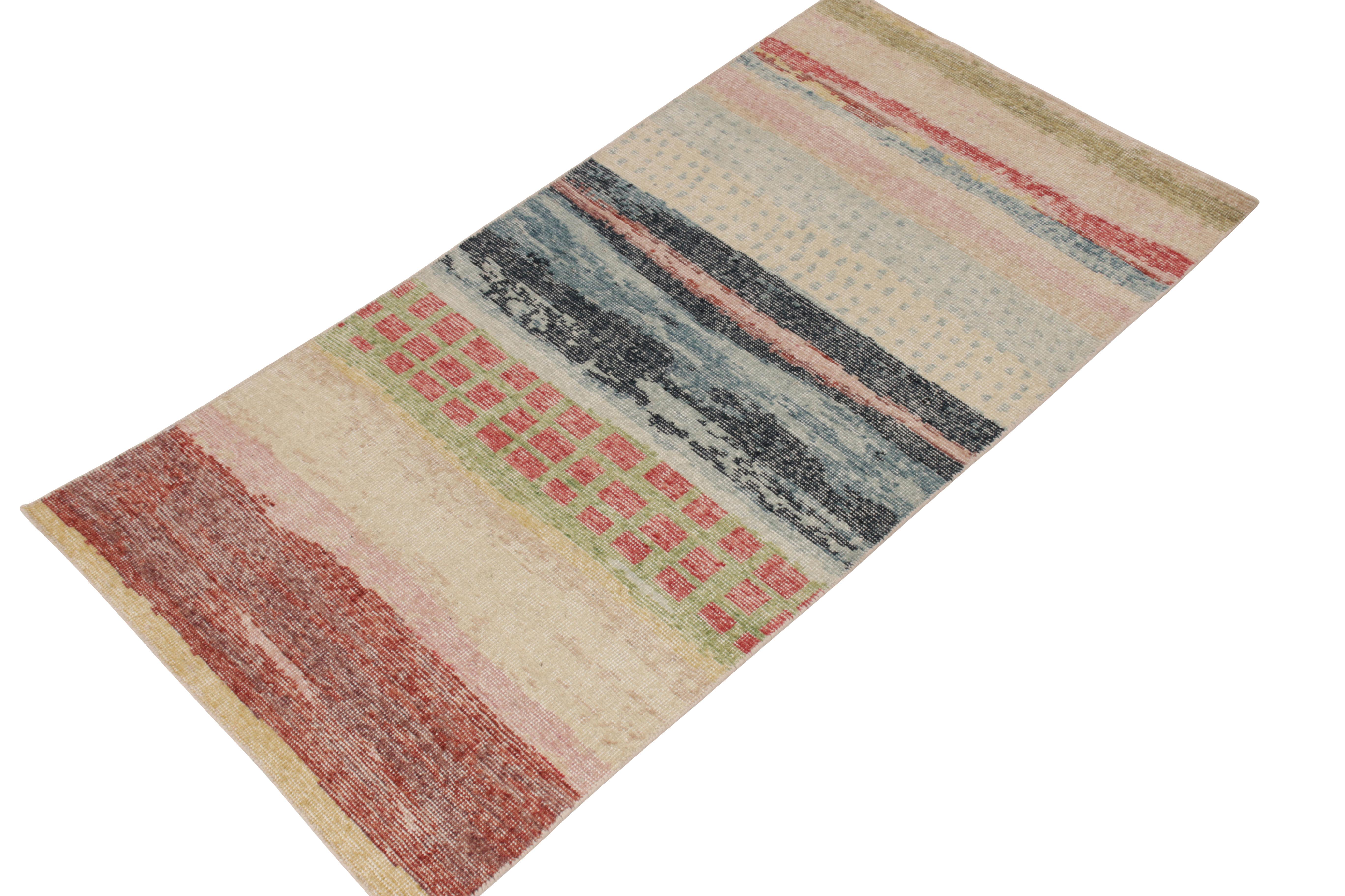 Indian Rug & Kilim's Distressed Style Modern Runner in Blue and Red Abstract Pattern For Sale