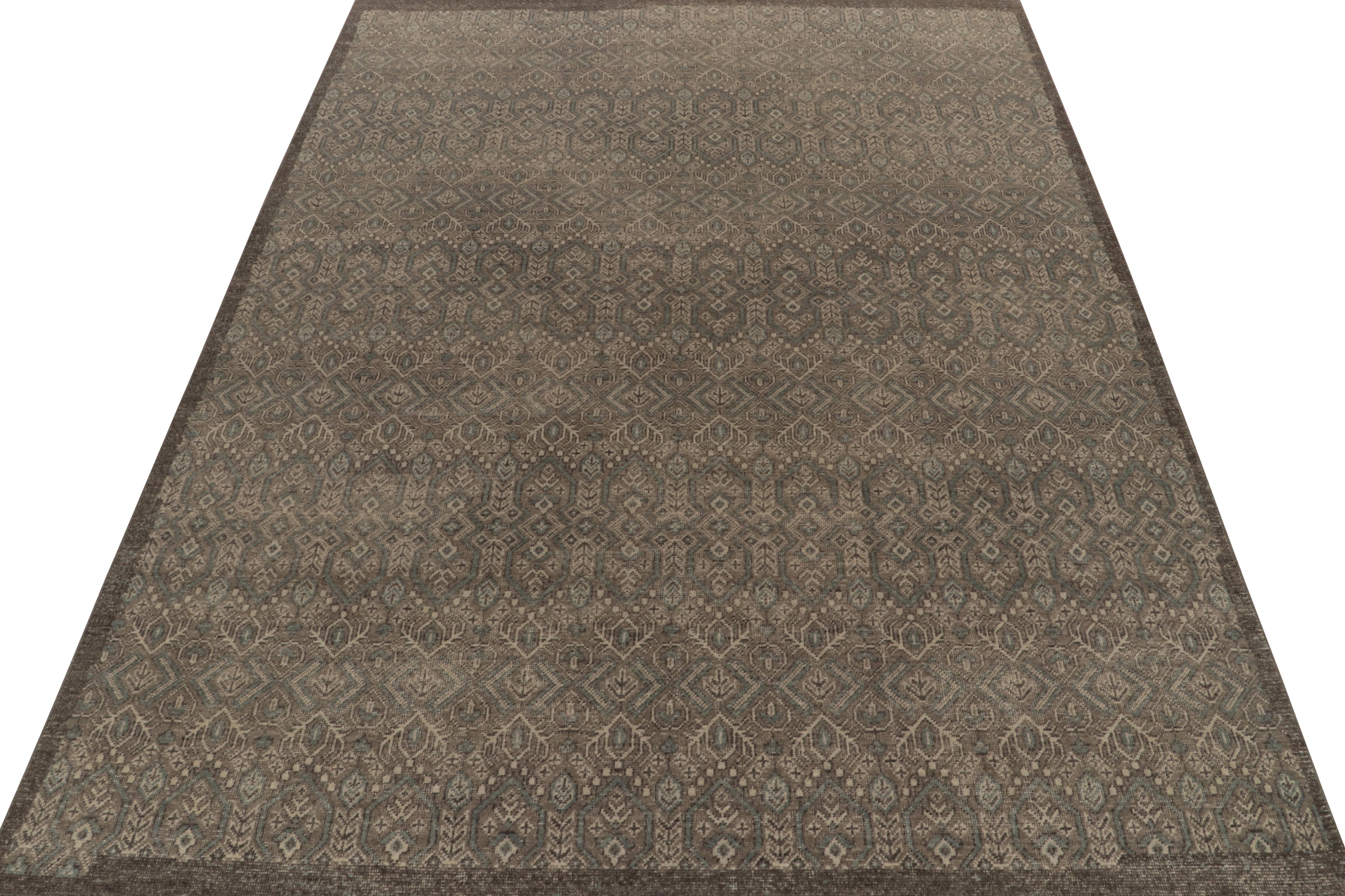 Tribal Rug & Kilim’s Distressed Style Rug in Beige-Brown, Aegean Blue Geometric Pattern For Sale