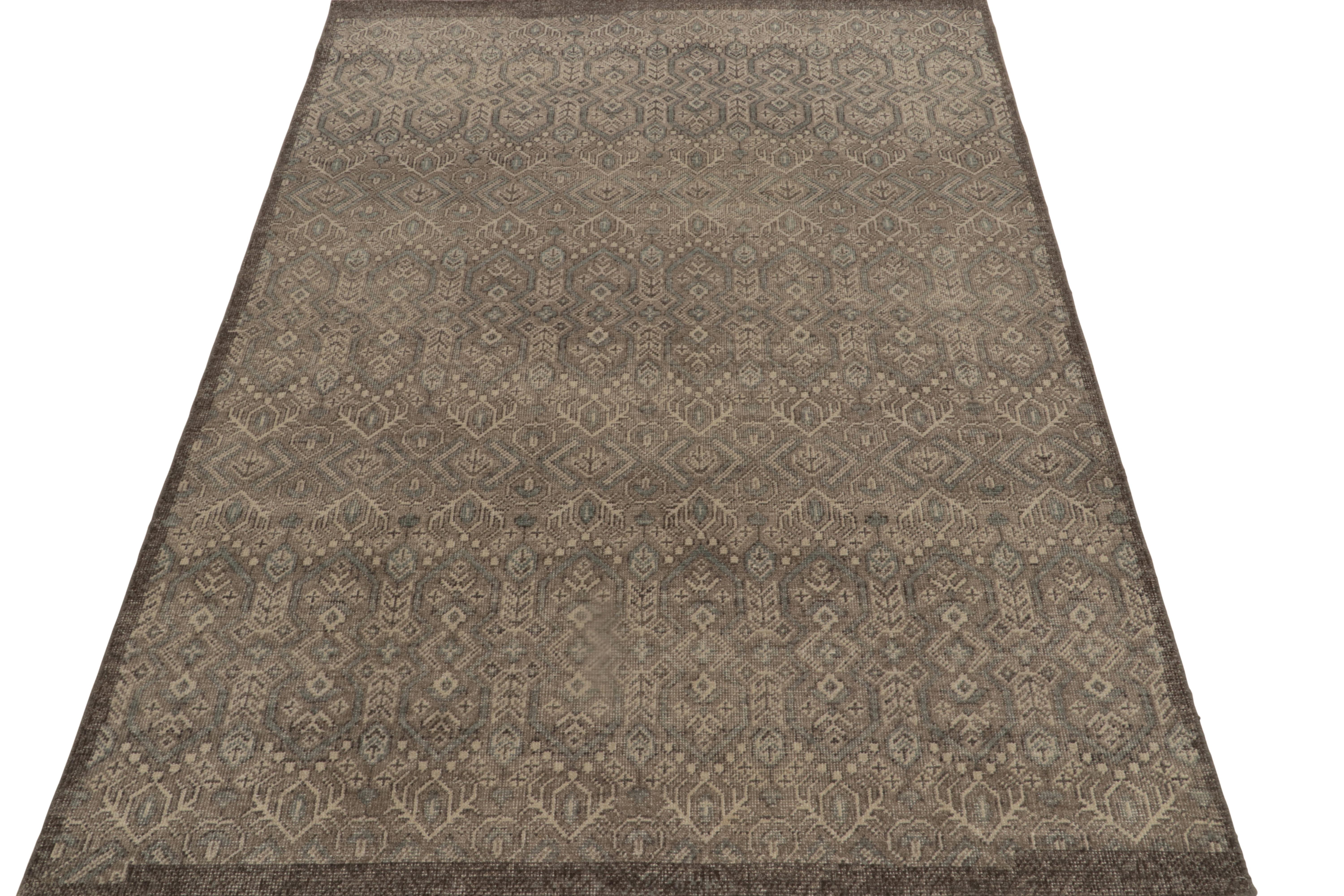 Tribal Rug & Kilim’s Distressed Style Rug in Beige-Brown, Aegean Blue Geometric Pattern For Sale