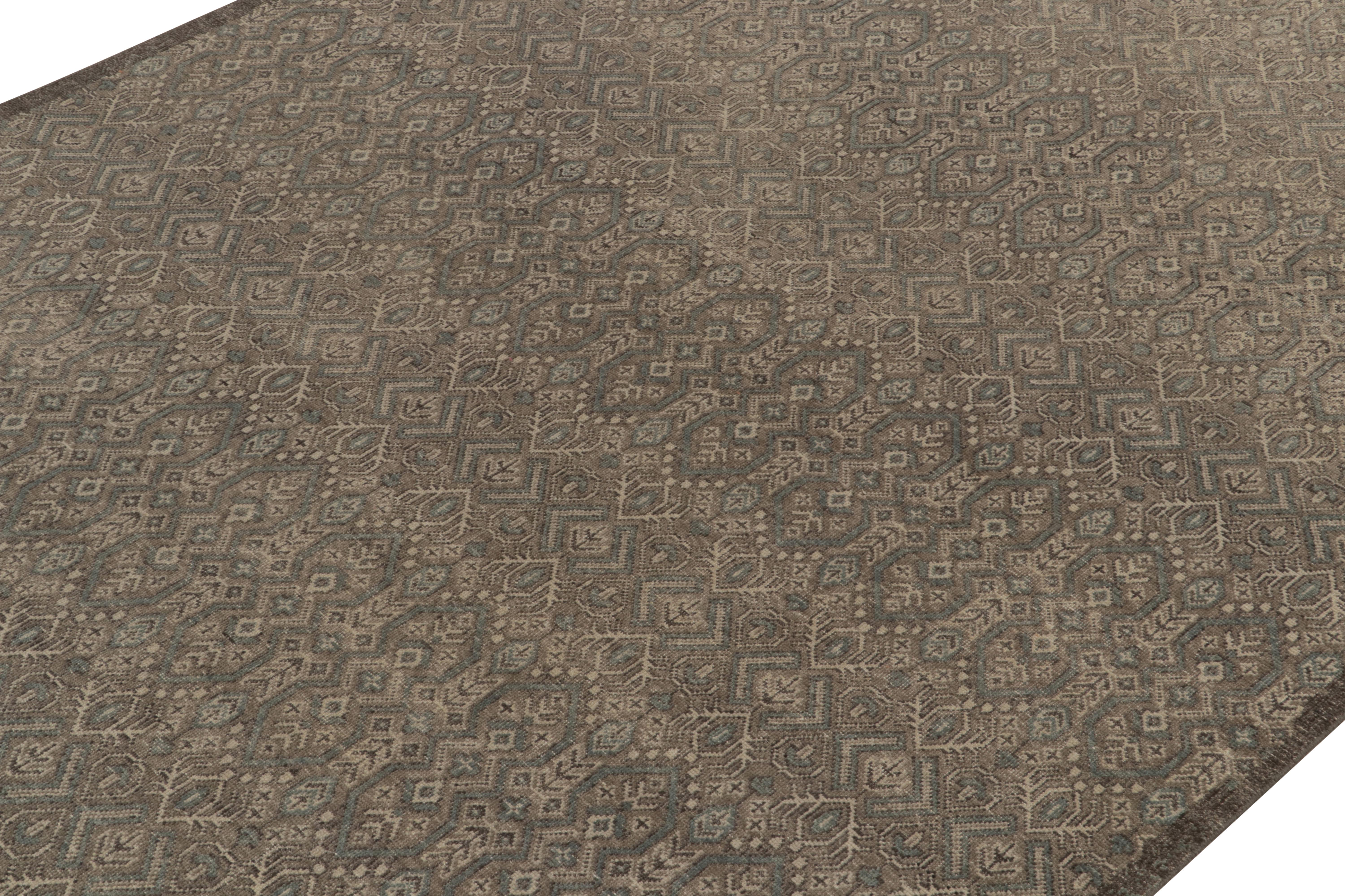Indian Rug & Kilim’s Distressed Style Rug in Beige-Brown, Aegean Blue Geometric Pattern For Sale