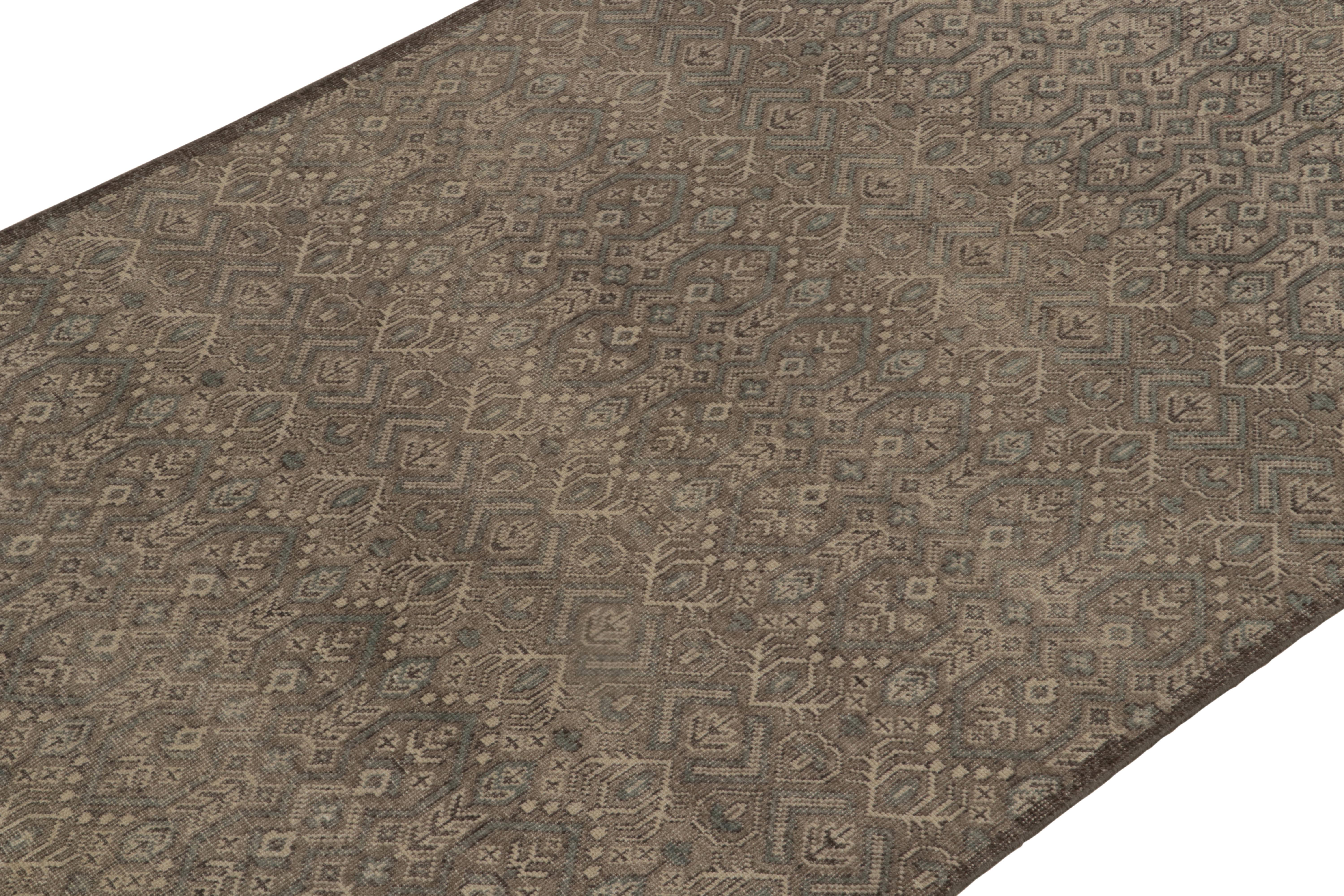 Indian Rug & Kilim’s Distressed Style Rug in Beige-Brown, Aegean Blue Geometric Pattern For Sale