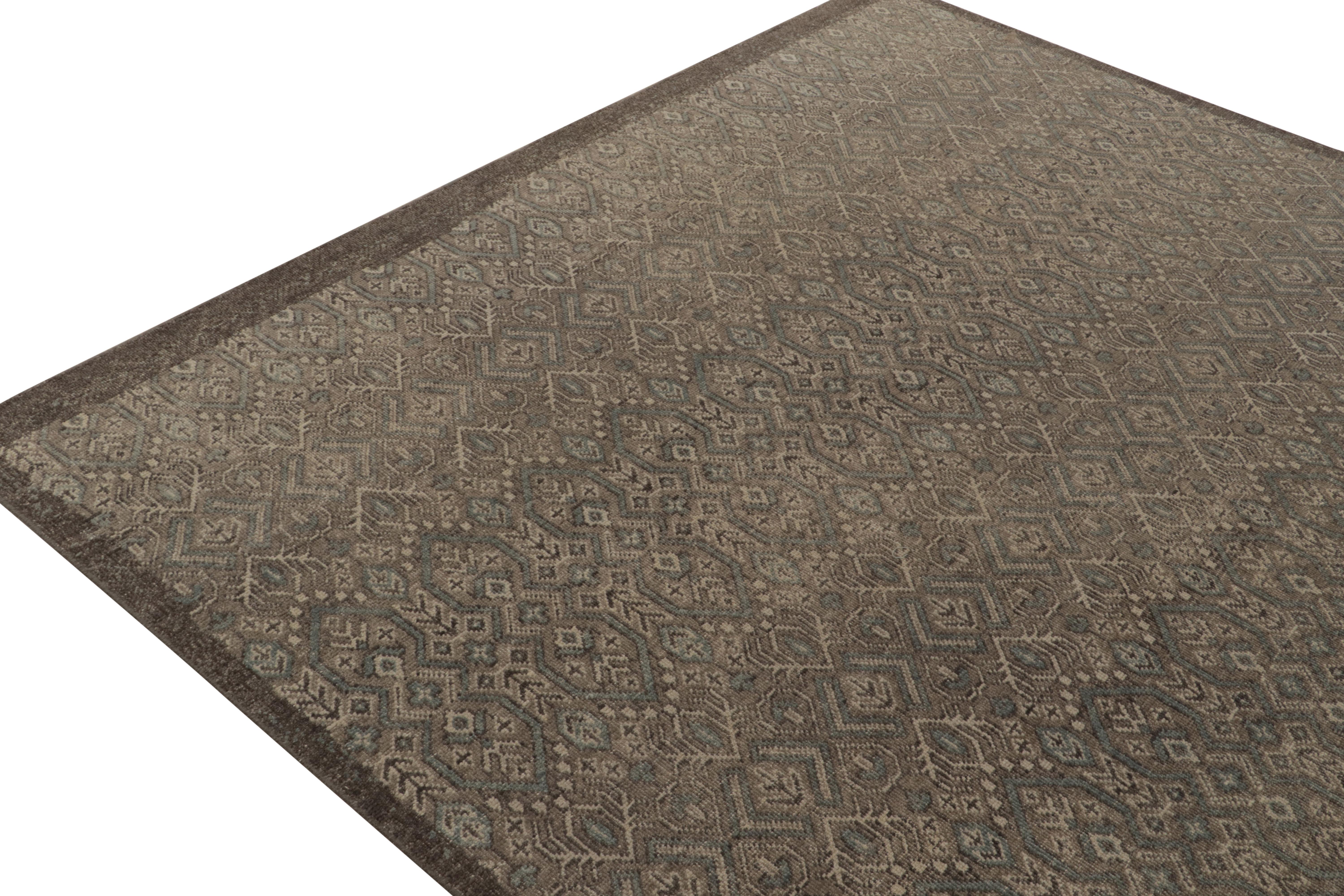 Hand-Knotted Rug & Kilim’s Distressed Style Rug in Beige-Brown, Aegean Blue Geometric Pattern For Sale