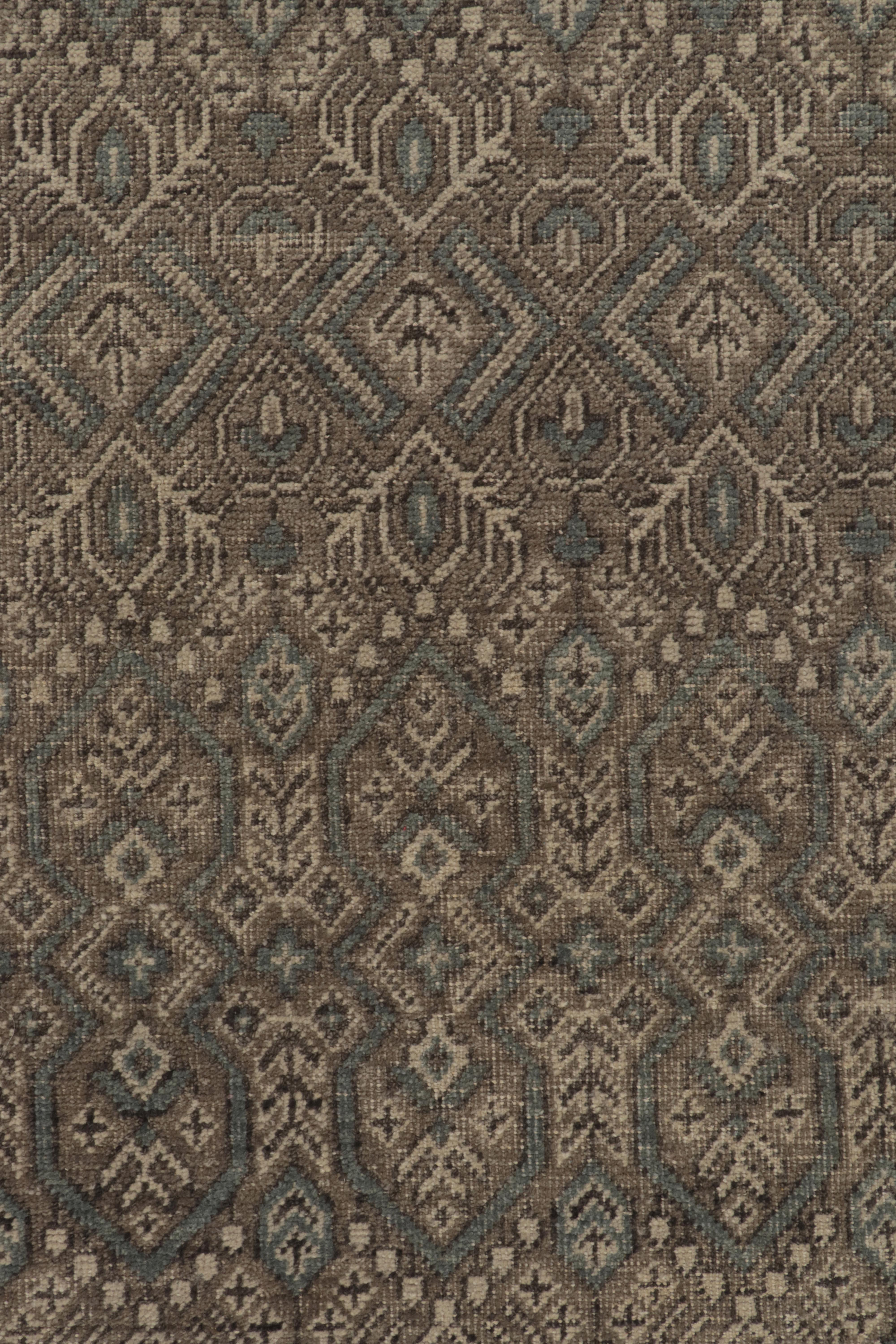 Rug & Kilim’s Distressed Style Rug in Beige-Brown, Aegean Blue Geometric Pattern In New Condition For Sale In Long Island City, NY