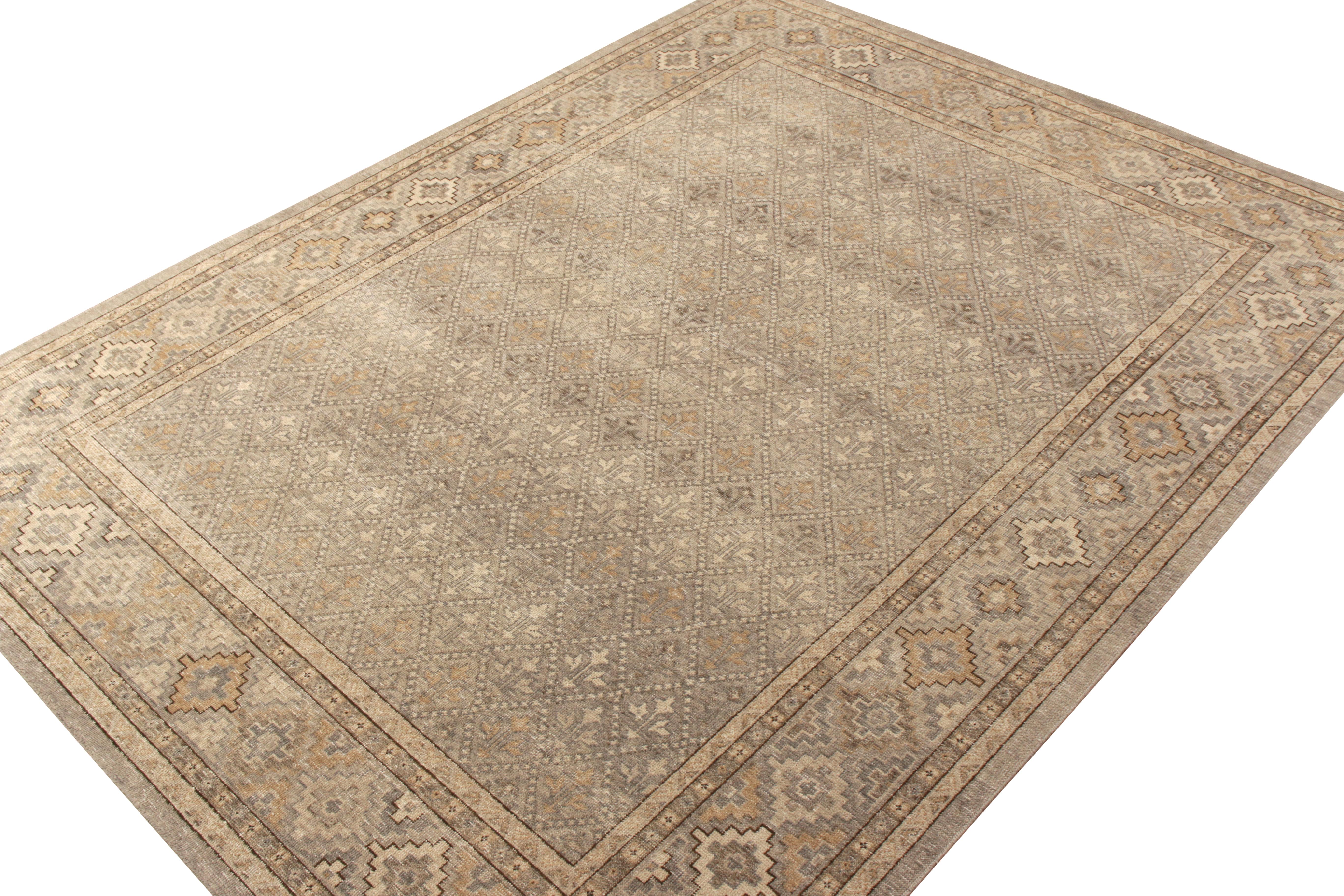 Khotan Rug & Kilim’s Distressed Style Rug in Beige-Brown and Gray Geometric Pattern For Sale