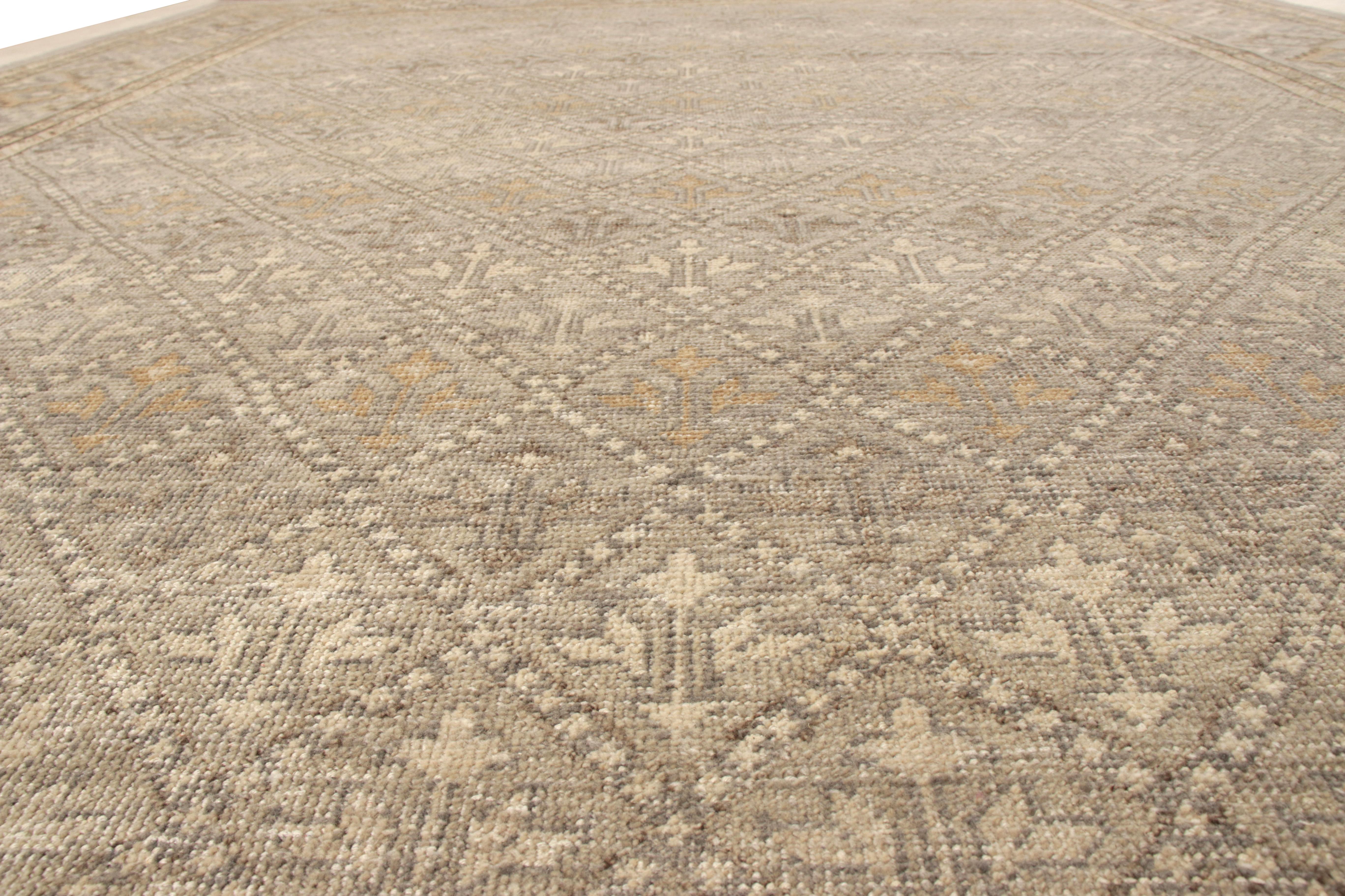 Indian Rug & Kilim’s Distressed Style Rug in Beige-Brown and Gray Geometric Pattern For Sale