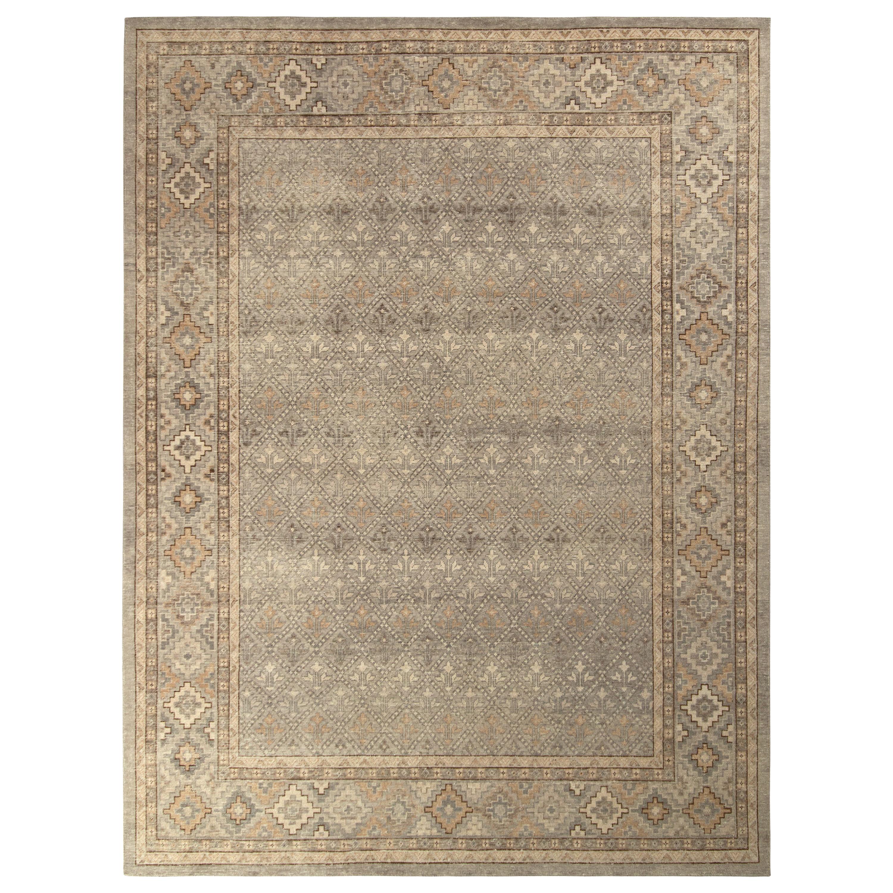 Rug & Kilim’s Distressed Style Rug in Beige-Brown and Gray Geometric Pattern For Sale