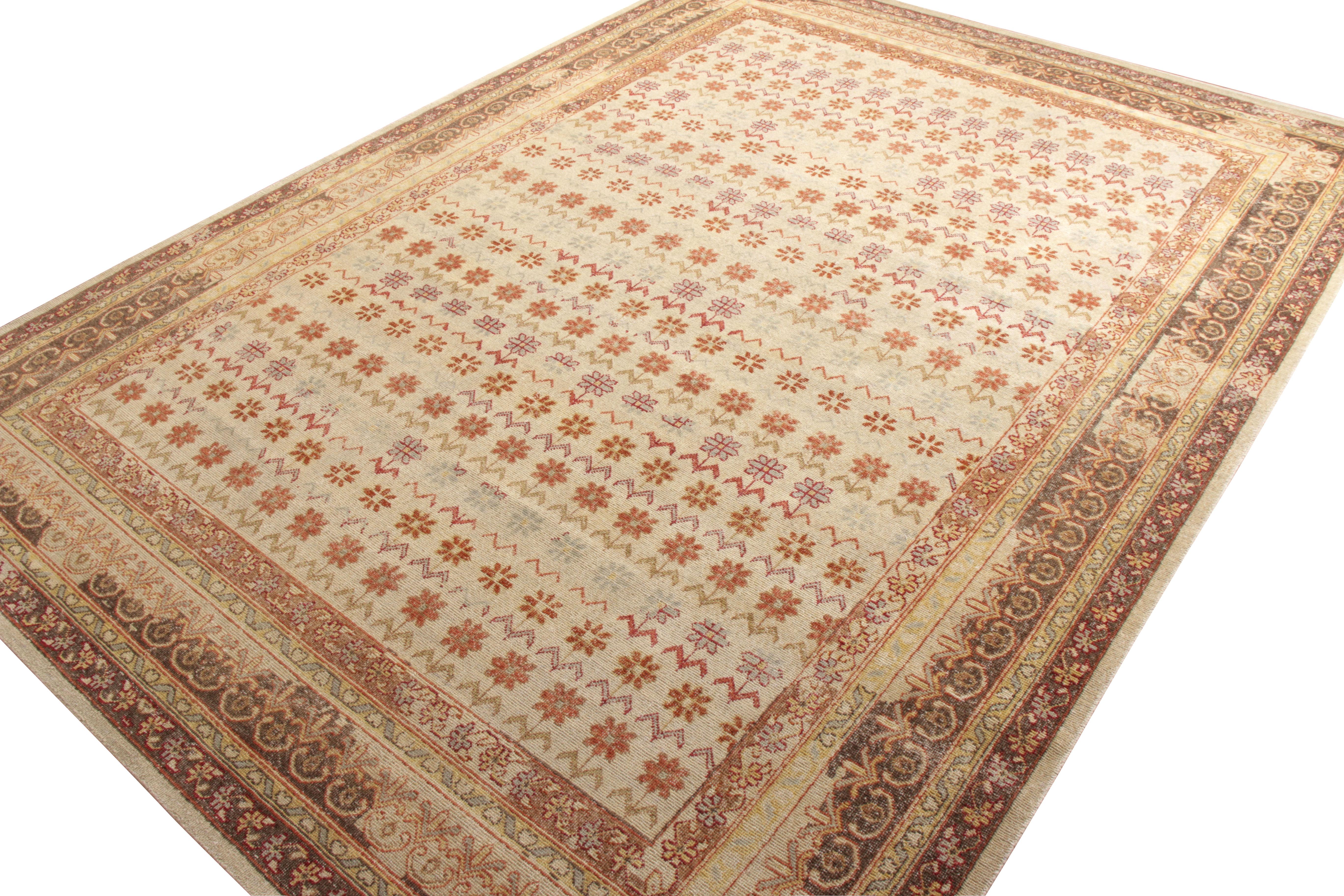 Tribal Rug & Kilim’s Distressed Style Rug in Beige-Brown and Red Floral Pattern For Sale