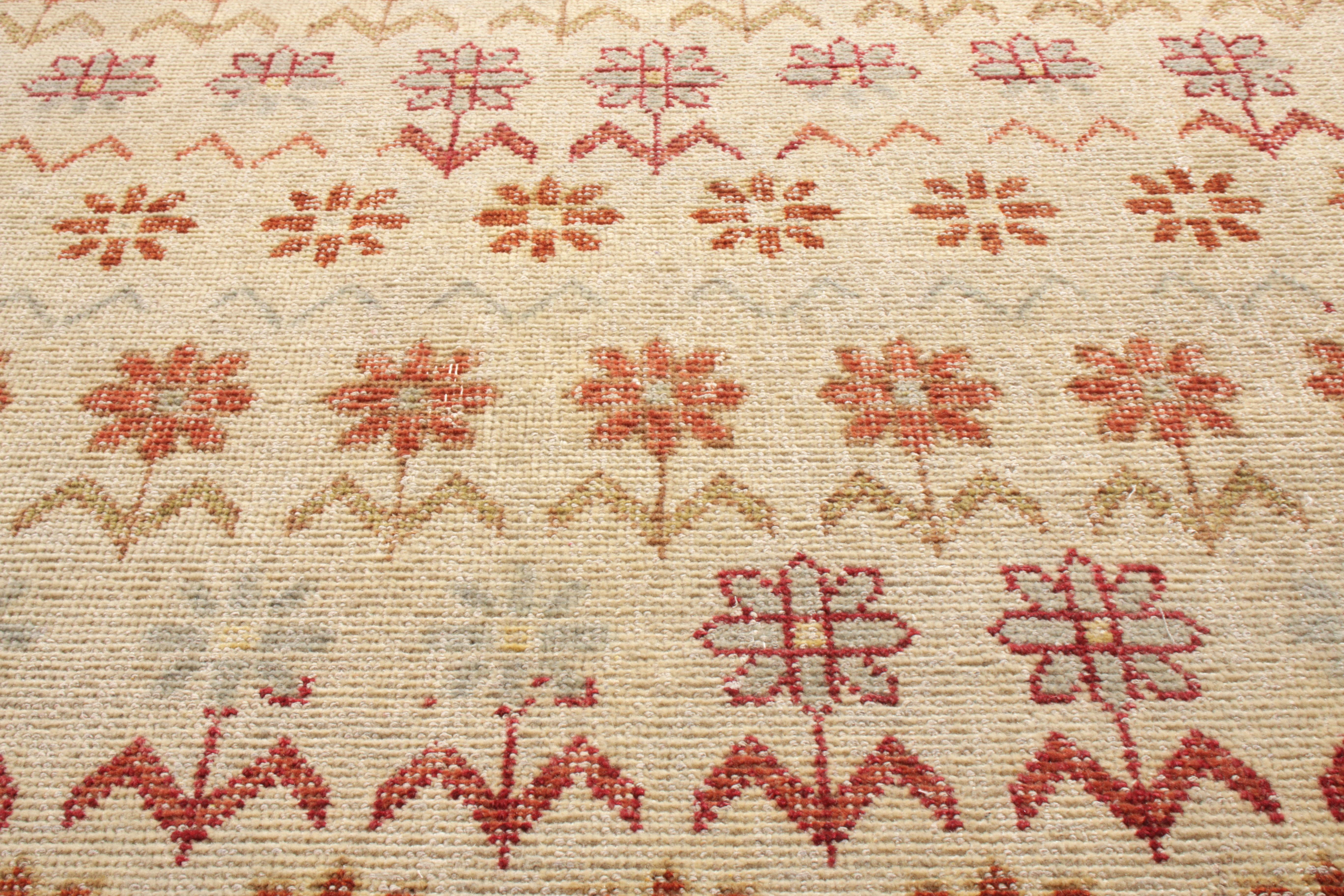 Indian Rug & Kilim’s Distressed Style Rug in Beige-Brown and Red Floral Pattern For Sale