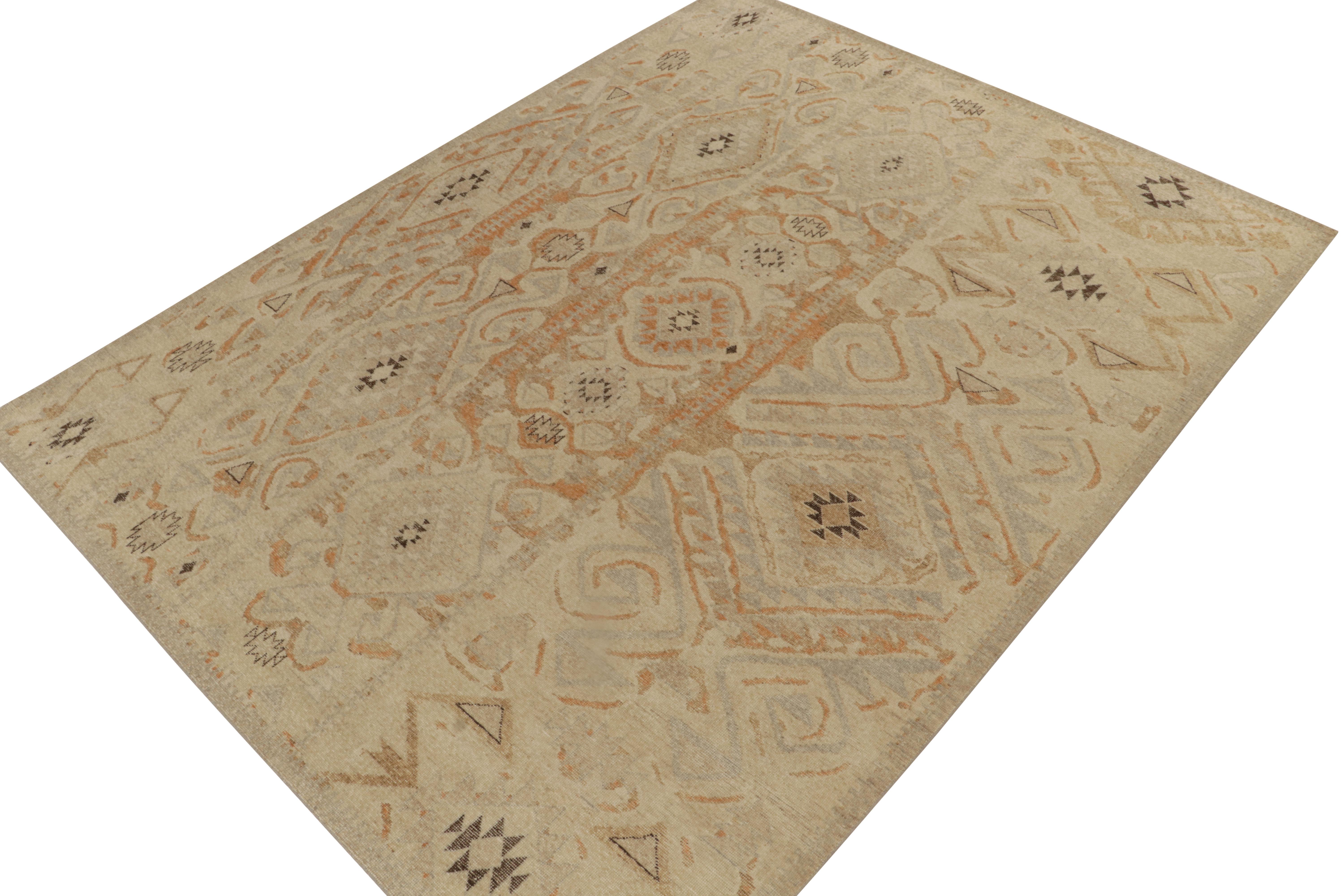 An exciting 8x14 hand-knotted wool rug from Rug & Kilim’s Homage Collection; a bold textural encyclopedia of patterns and styles. 

On the Design: 

This interpretation of tribal aesthetics enjoys beige-brown with rust and blue colors naturally