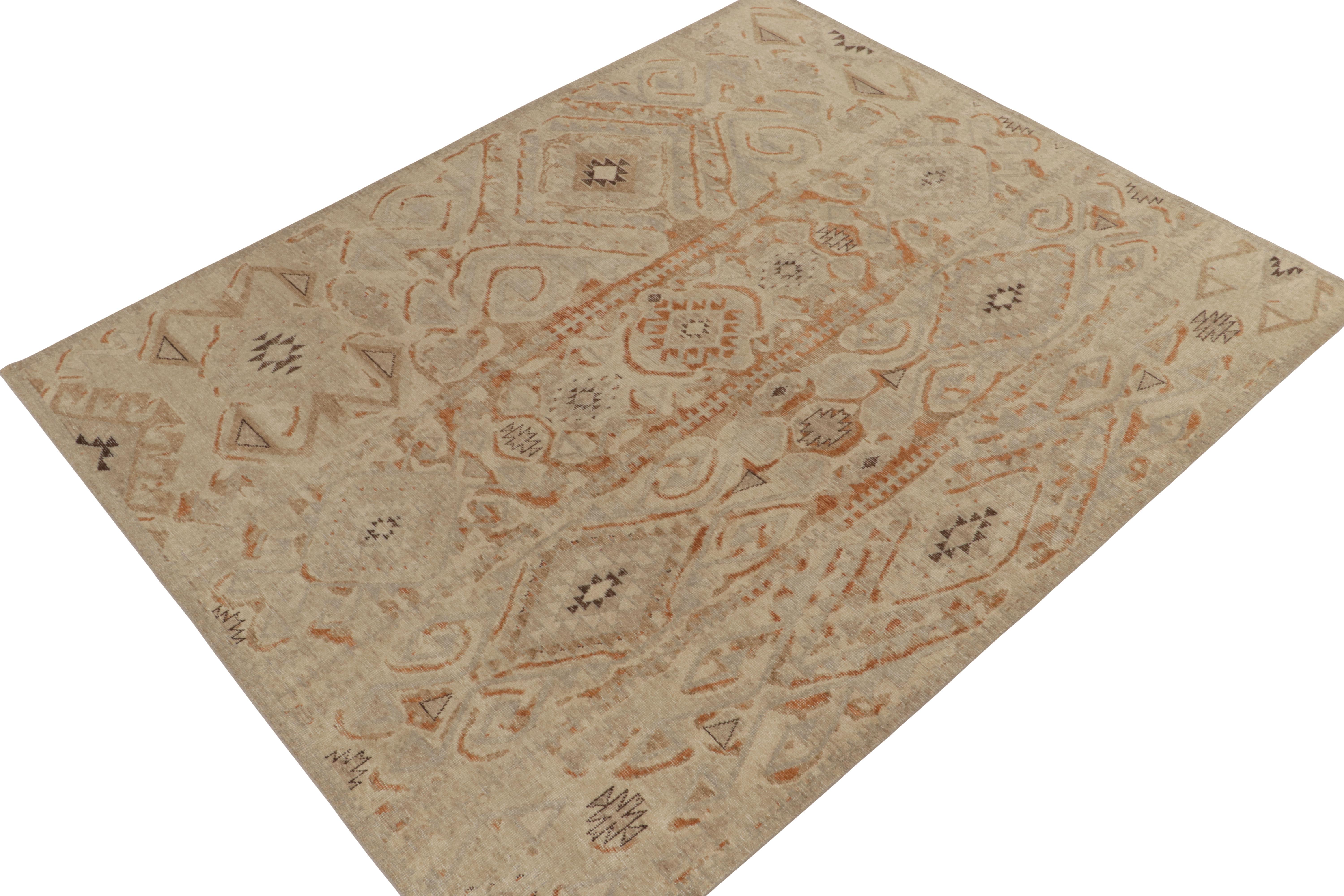 An exciting 8x10 hand-knotted wool rug from Rug & Kilim’s Homage Collection; a bold textural encyclopedia of patterns and styles. 

On the Design: This interpretation of tribal aesthetics enjoys beige-brown with rust and blue colors naturally