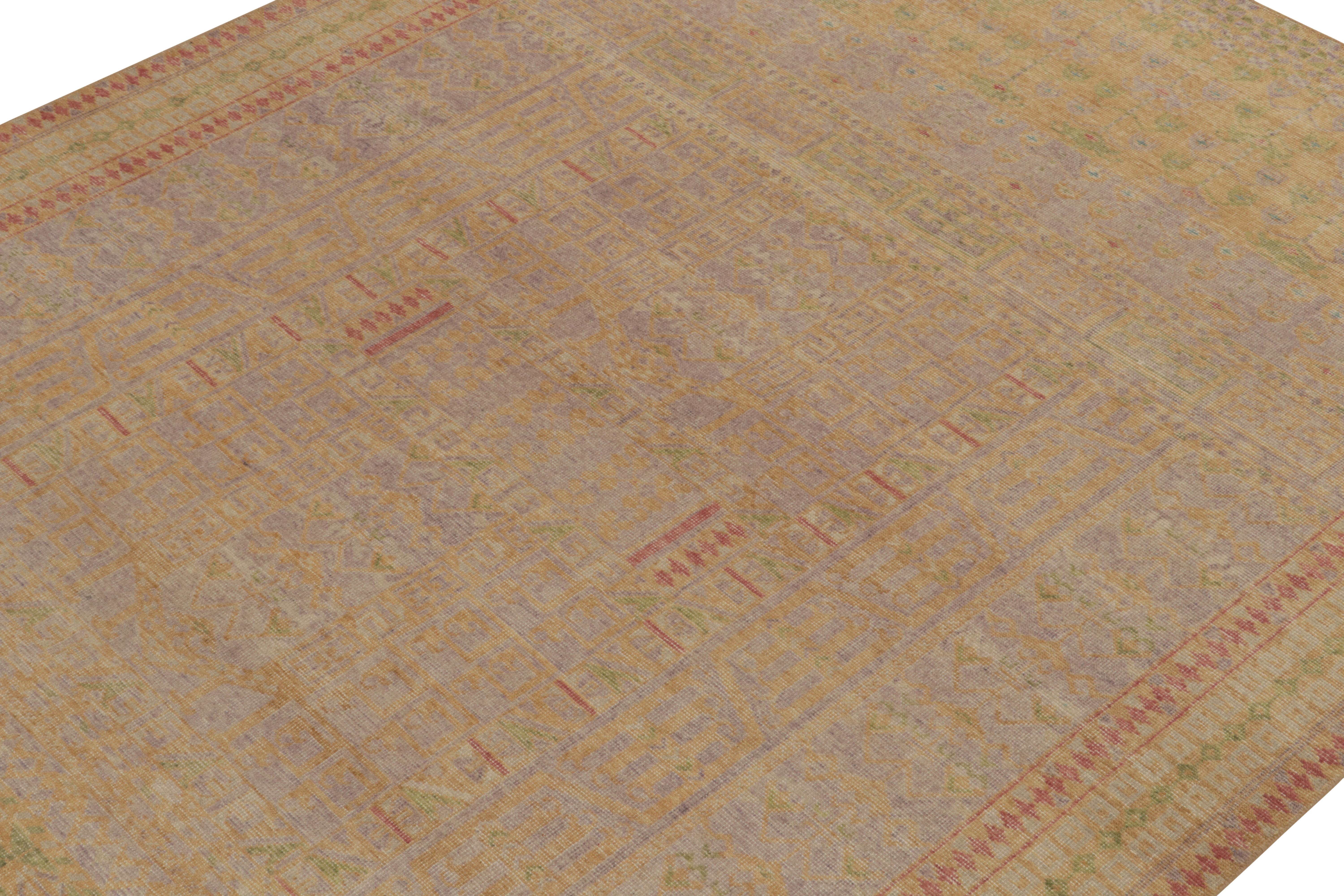 Indian Rug & Kilim’s Distressed Style Rug in Beige-Brown, Green, Lavender Patterns For Sale