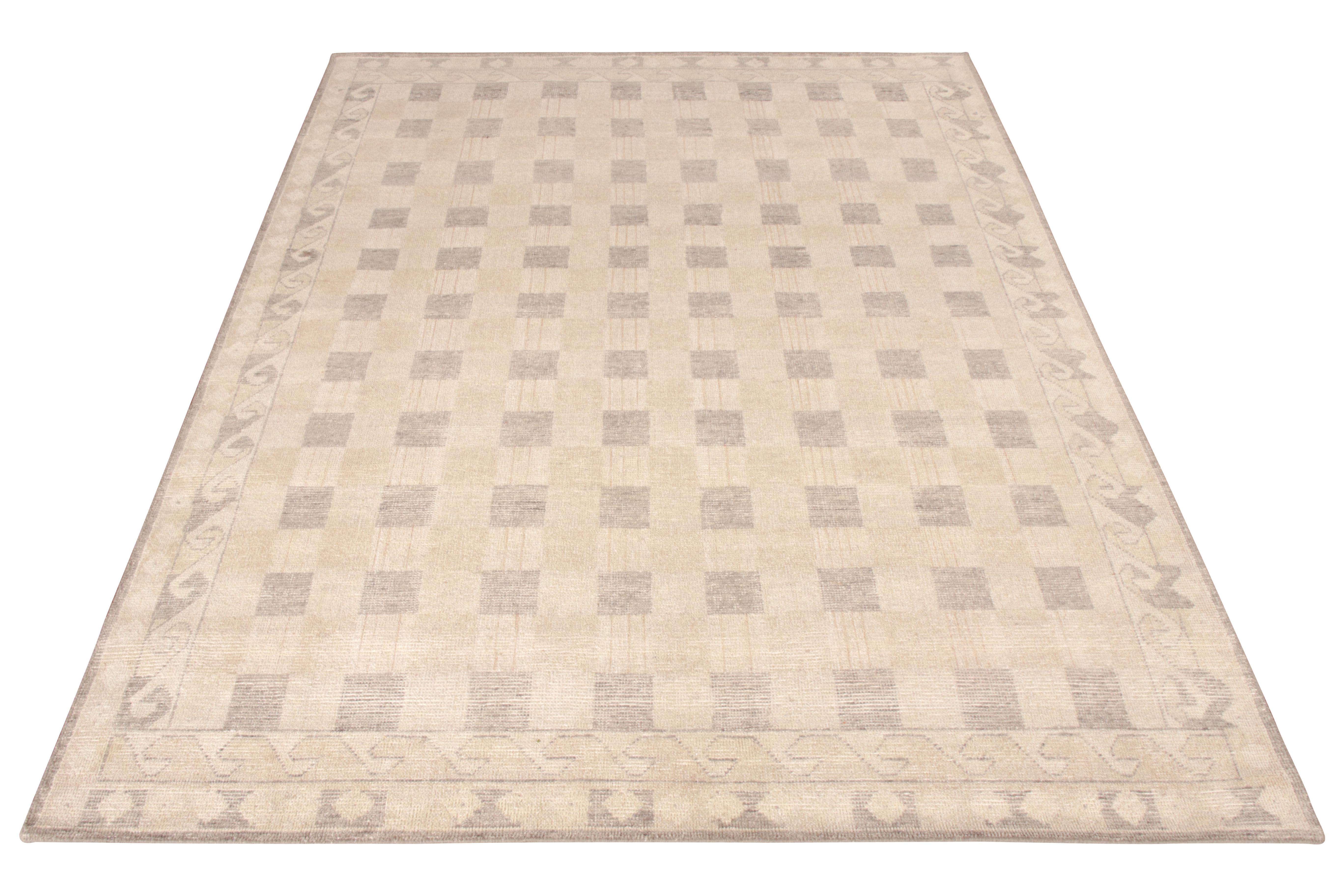 Hand knotted in wool, a beautiful 6 x 8 take on distressed rug styles from Rug & Kilim’s Homage Collection. Inspired by the celebrated Scandinavian rug design and colorway, the rug emanates a shabby chic vibe by blending a subtle ashwood beige-brown