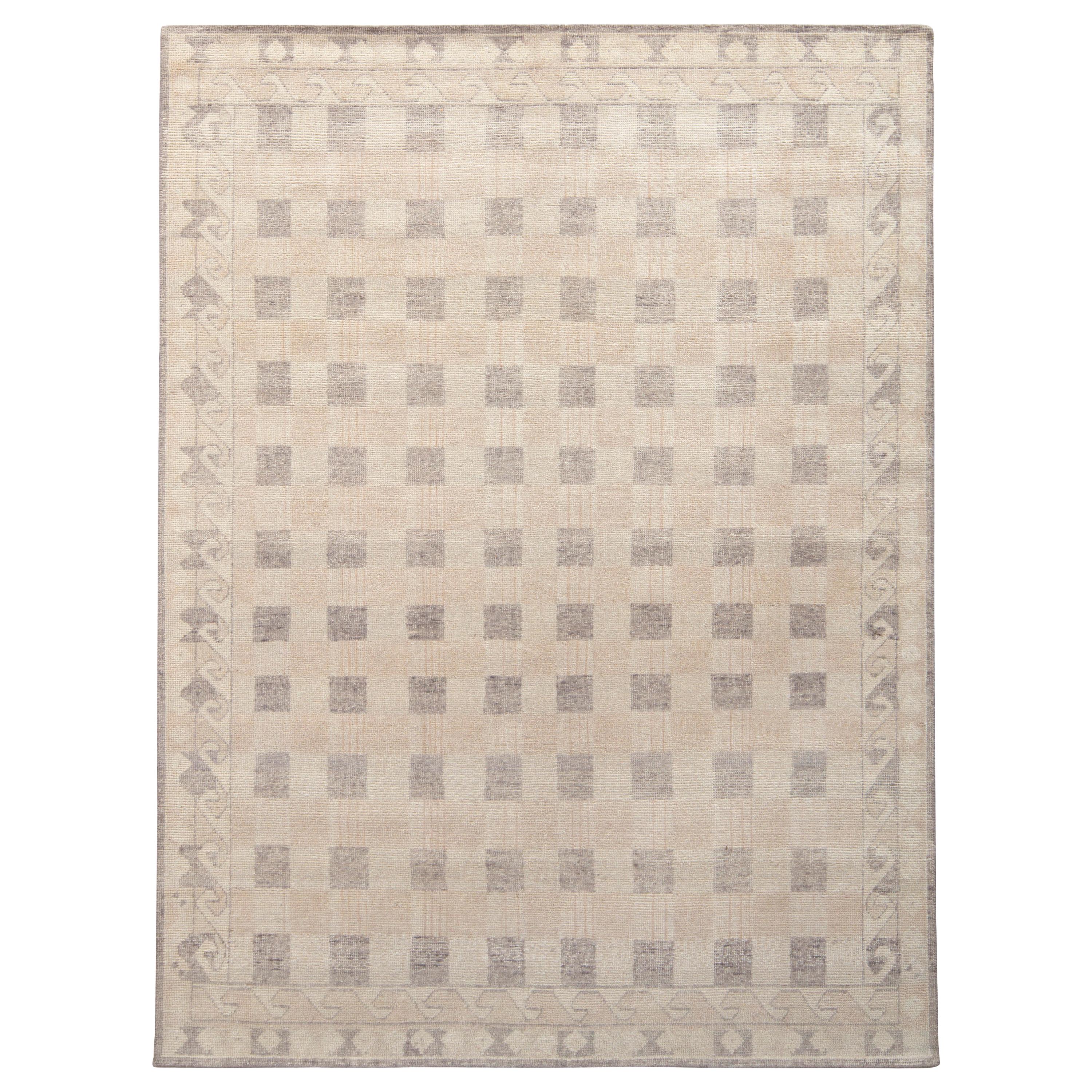 Rug & Kilim’s Distressed Style Rug in Beige-Brown, Purple Geometric Pattern For Sale