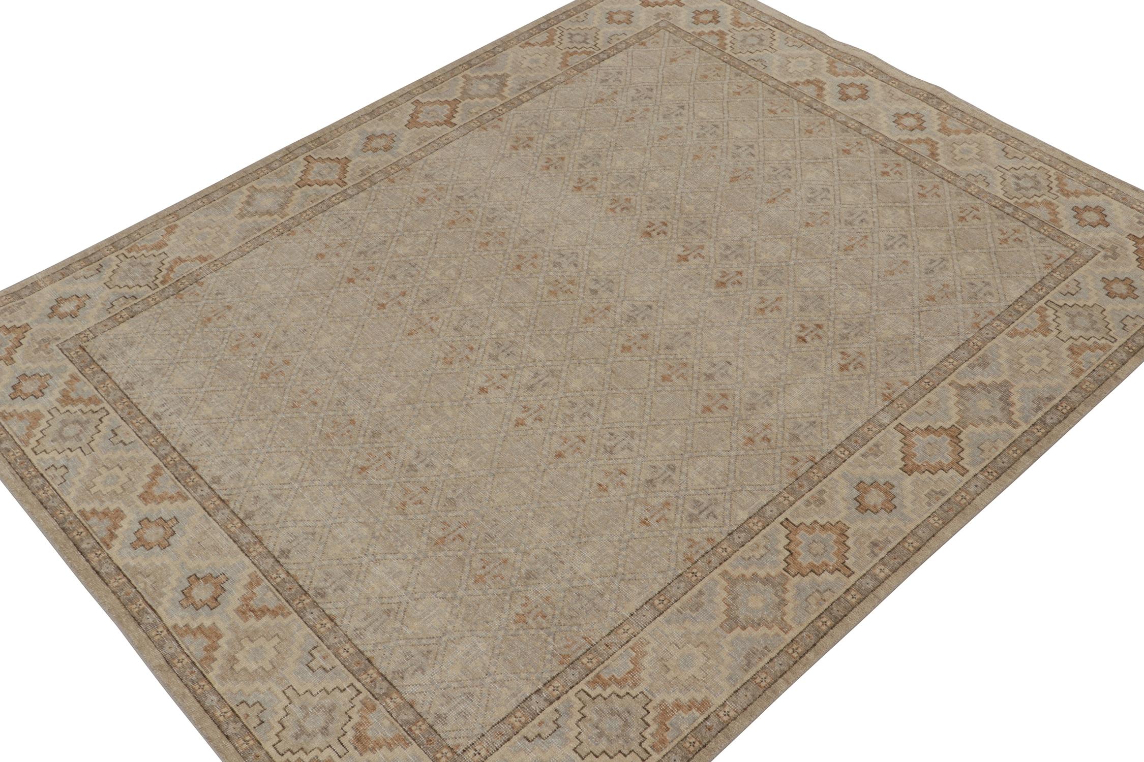 Indian Rug & Kilim’s Distressed Style Rug in Beige, Grey and Blue Geometric Pattern For Sale