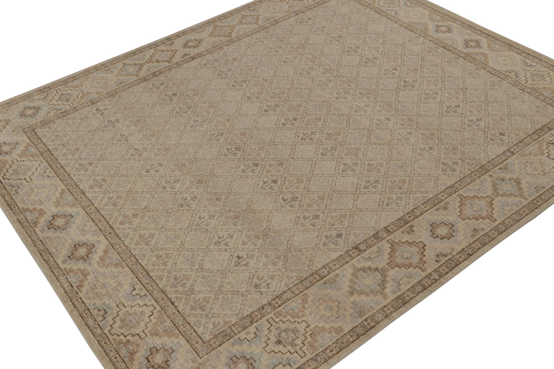 Indian Rug & Kilim’s Distressed Rug In Beige, Gray And Blue Geometric Pattern For Sale