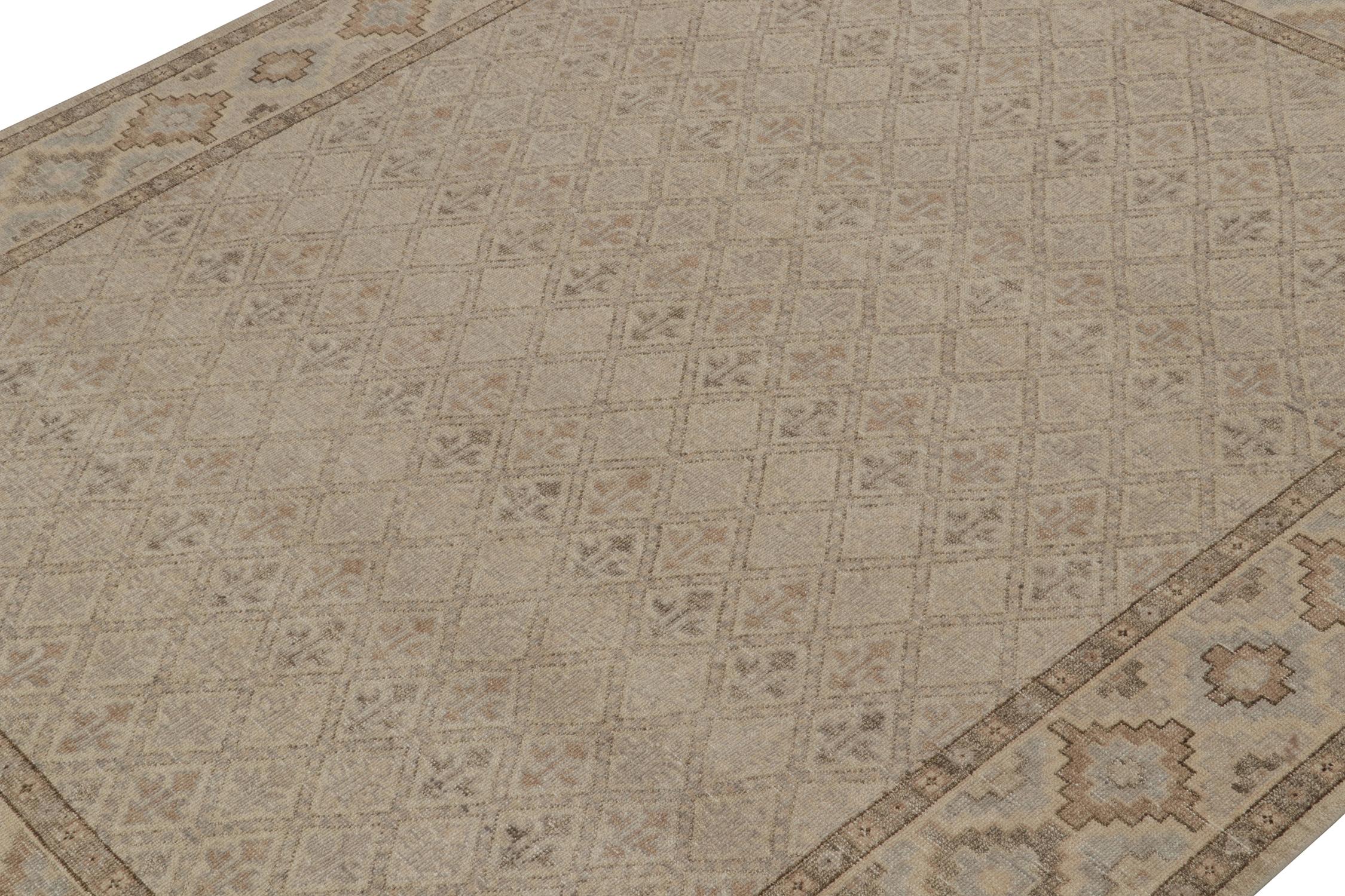 Hand-Knotted Rug & Kilim’s Distressed Rug In Beige, Gray And Blue Geometric Pattern For Sale