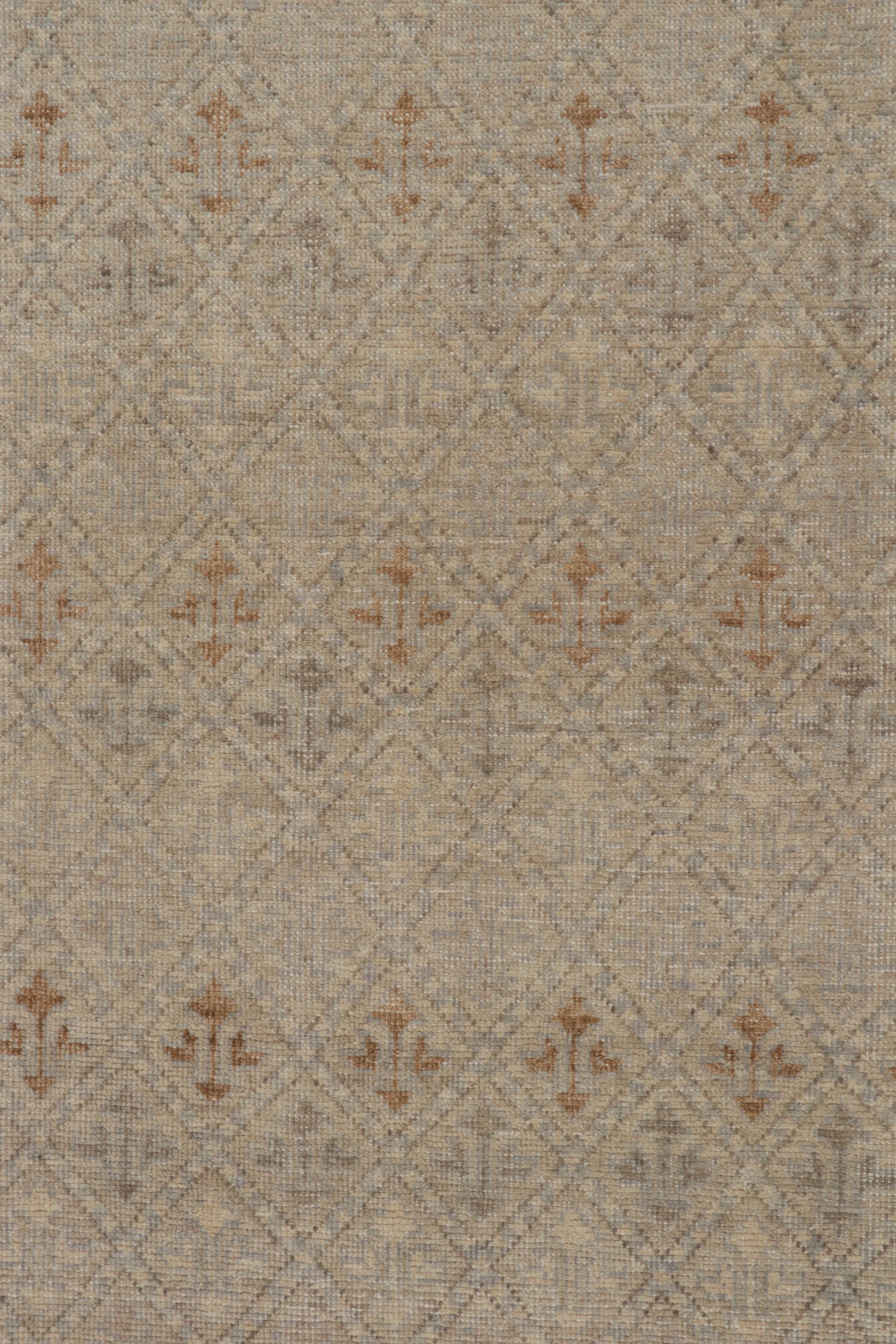 Contemporary Rug & Kilim’s Distressed Style Rug in Beige, Grey and Blue Geometric Pattern For Sale