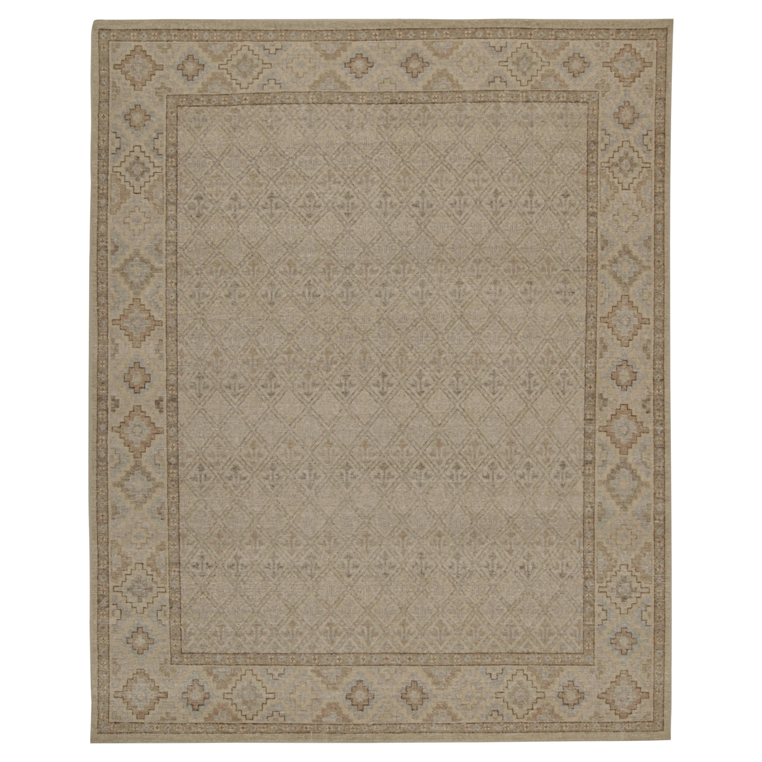 Rug & Kilim’s Distressed style Rug in Beige, Gray and Blue Geometric Pattern For Sale