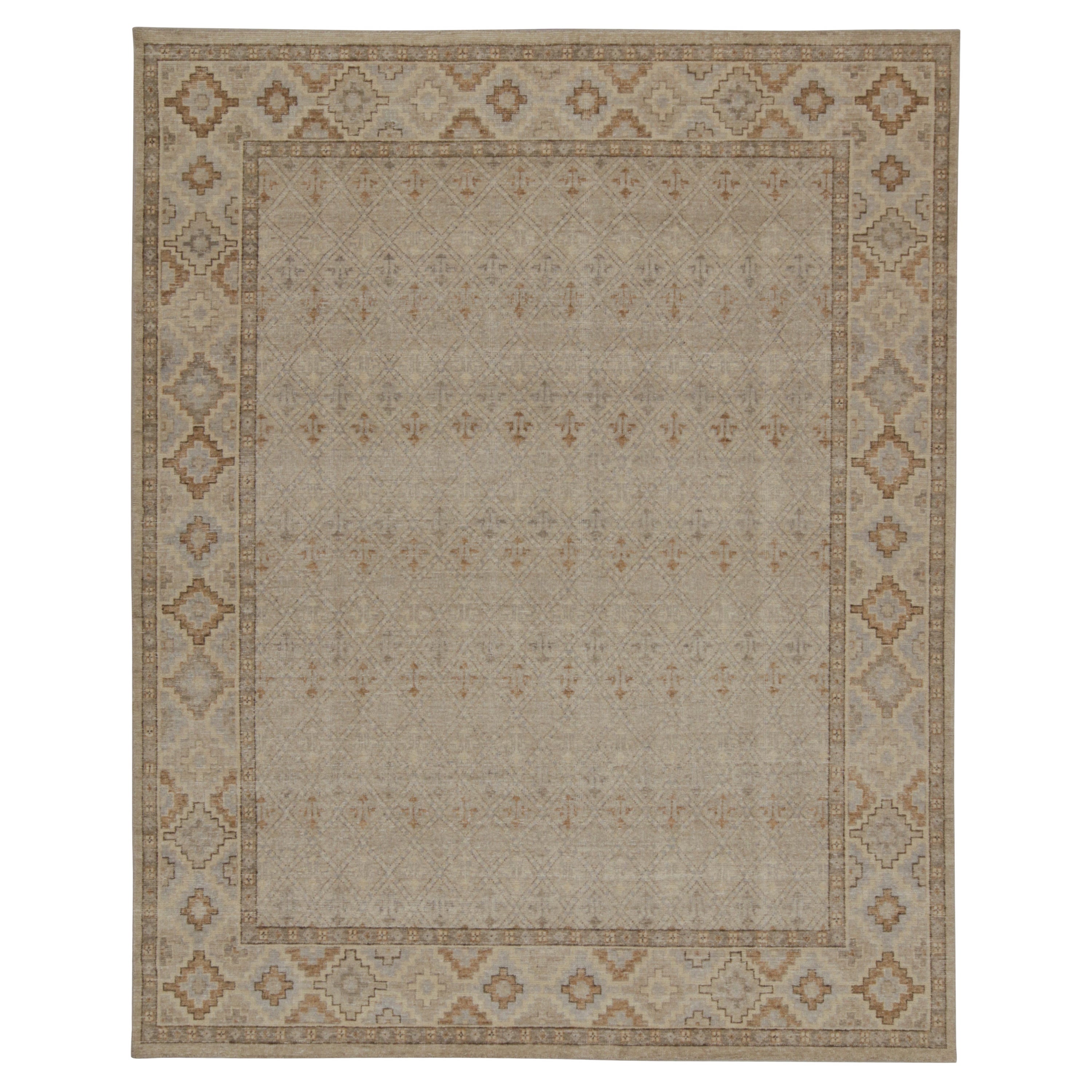 Rug & Kilim’s Distressed Style Rug in Beige, Grey and Blue Geometric Pattern For Sale