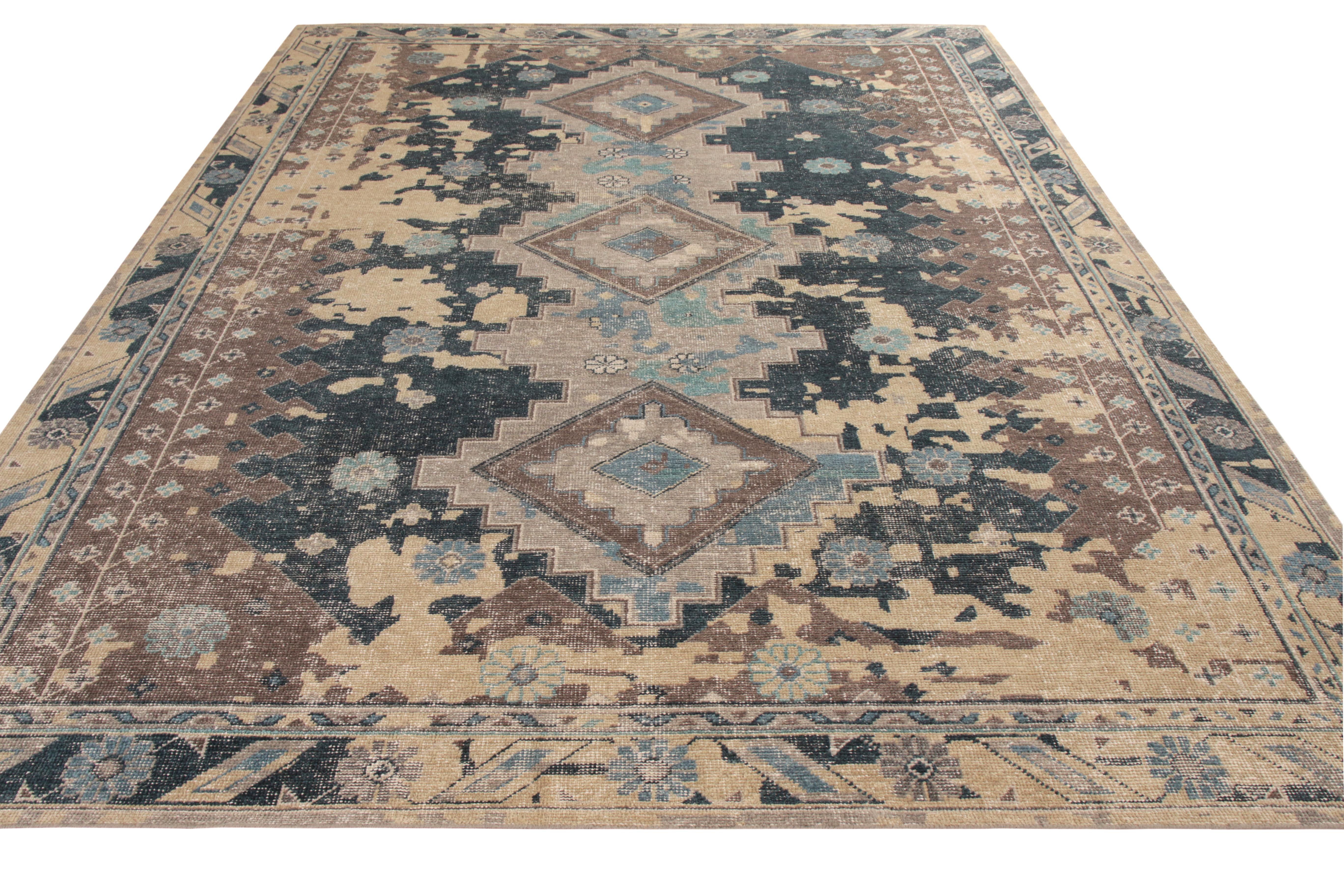 A 9 x 12 ode to classic rug styles in a modern take on distressed, shabby-chic texture, from Rug & Kilim’s Homage Collection. Hand knotted in wool, enjoying beige-brown and blue in a playful abstraction of medallion geometric patterns. An exemplary