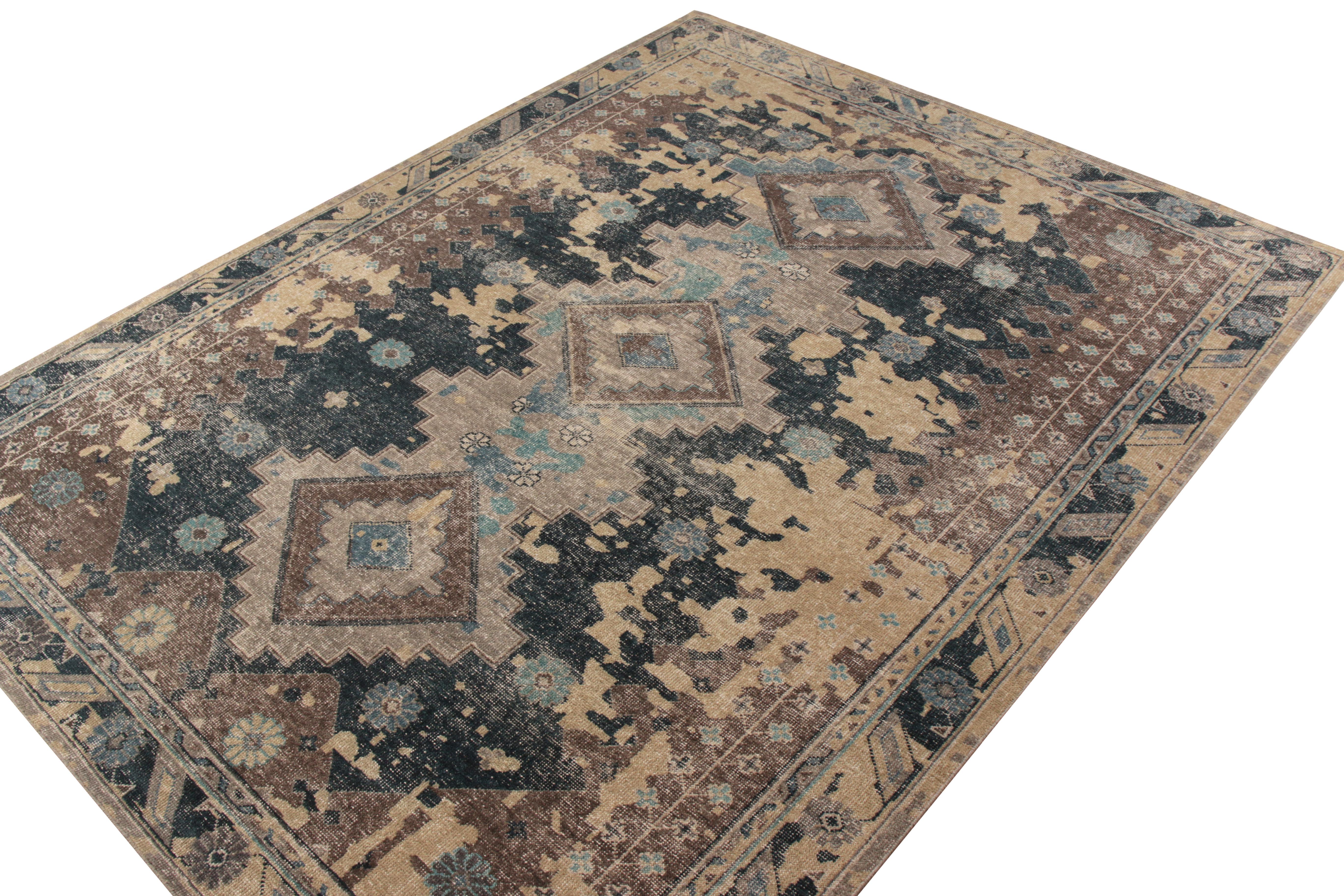 Other Rug & Kilim’s Distressed Style Rug in Blue and Beige Brown Geometric Pattern For Sale