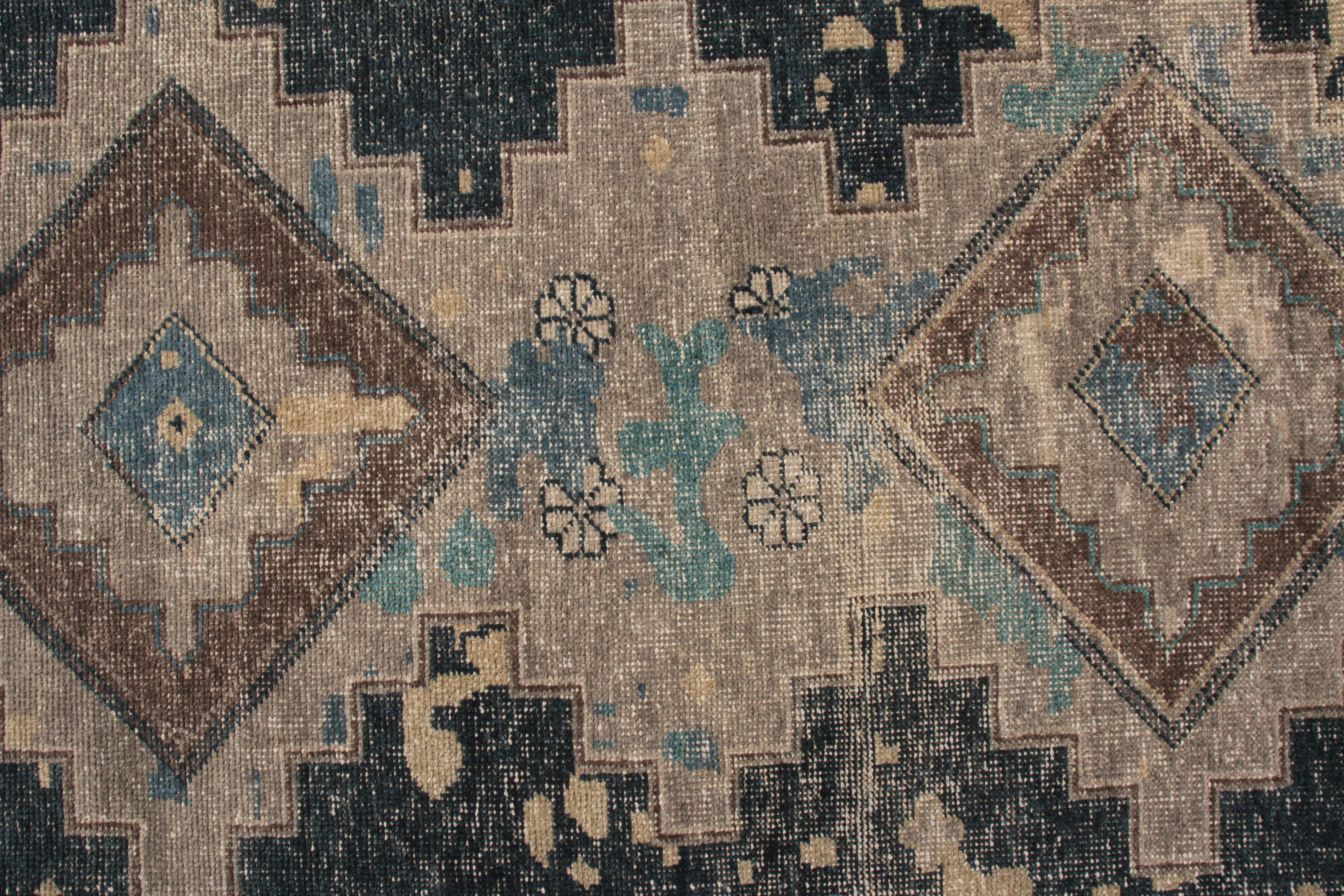 Indian Rug & Kilim’s Distressed Style Rug in Blue and Beige Brown Geometric Pattern For Sale
