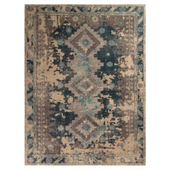 Rug & Kilim’s Distressed Style Rug in Blue and Beige Brown Geometric Pattern