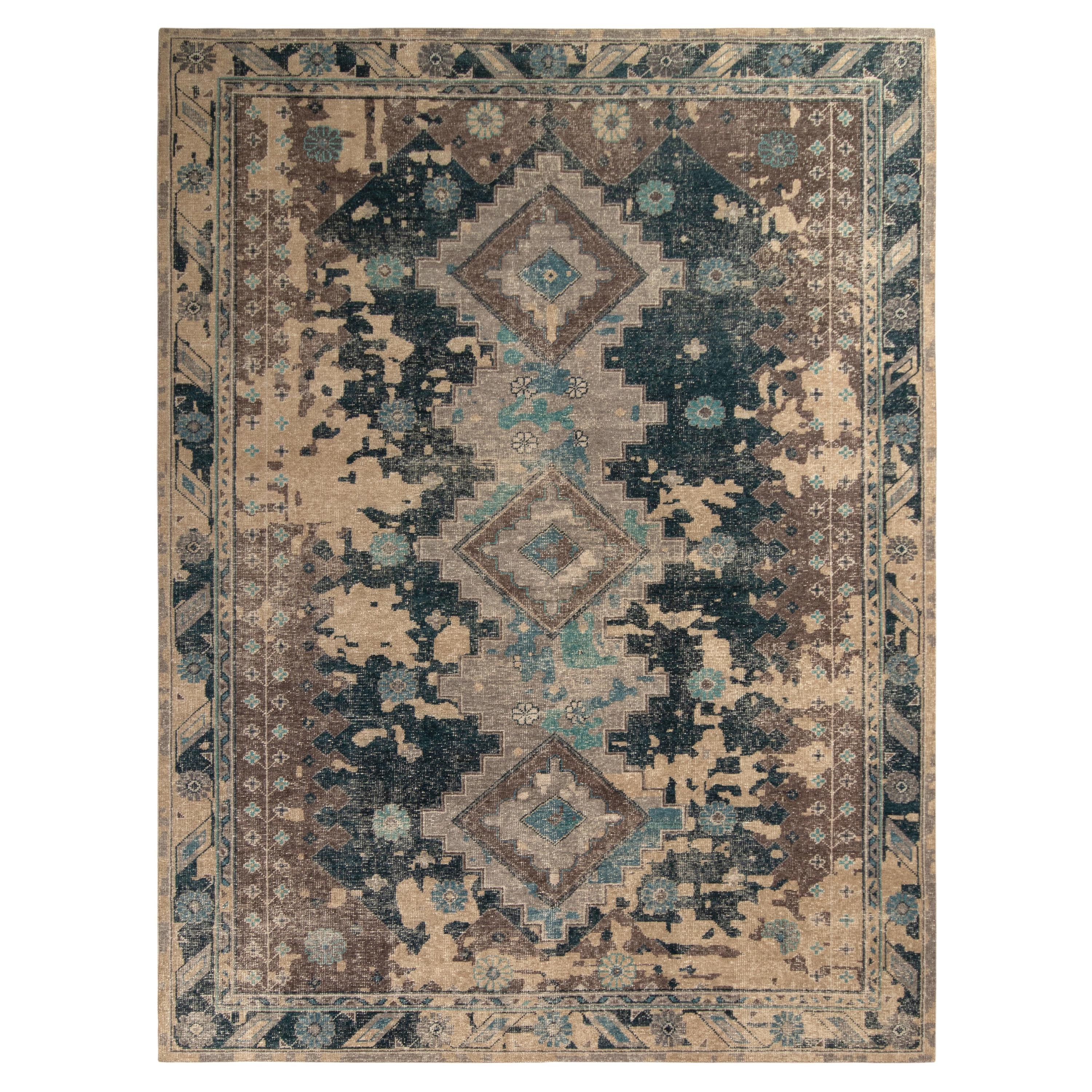 Rug & Kilim’s Distressed Style Rug in Blue and Beige Brown Geometric Pattern For Sale