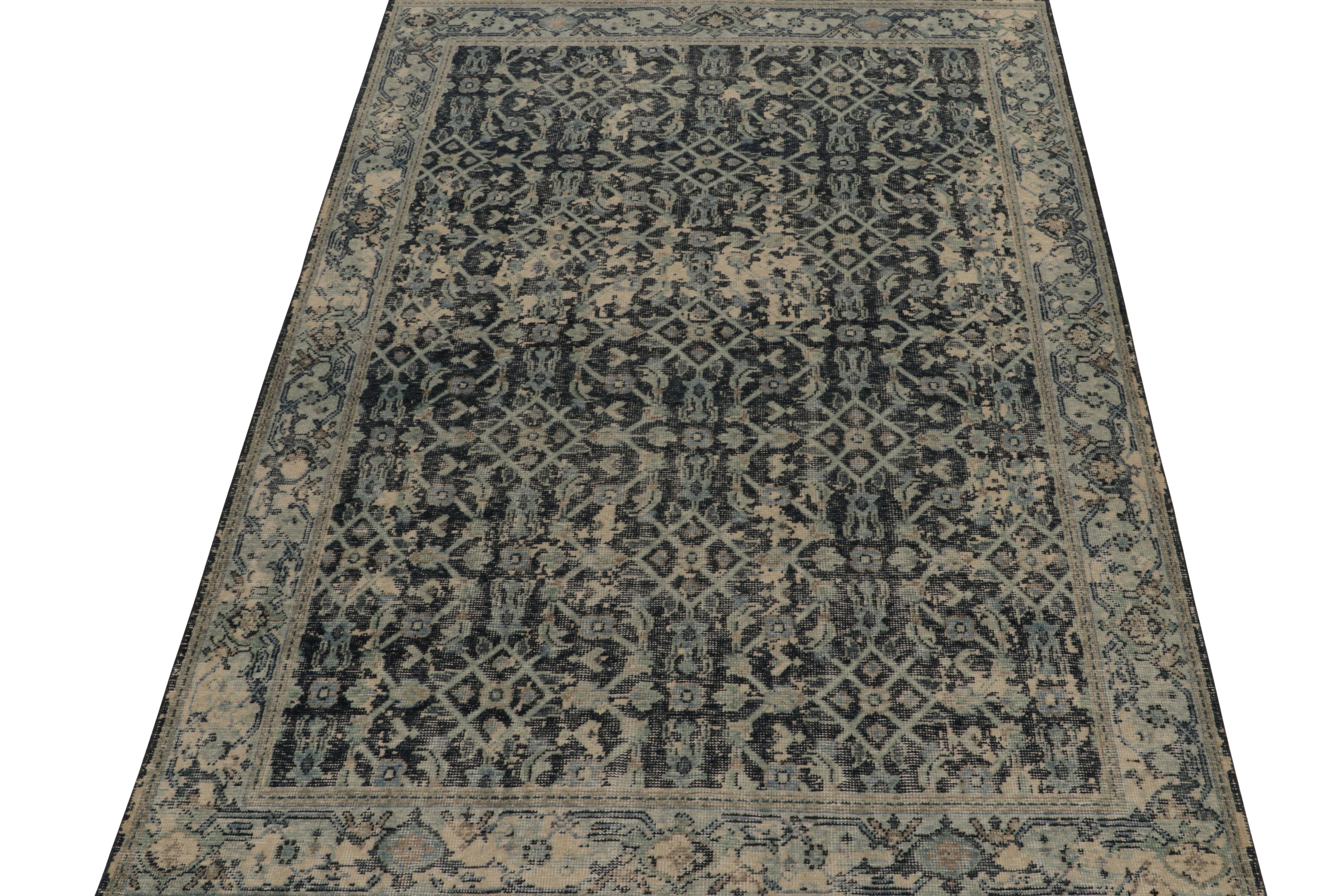 Indian Rug & Kilim’s Distressed Style Rug in Blue and Beige Herati Pattern For Sale