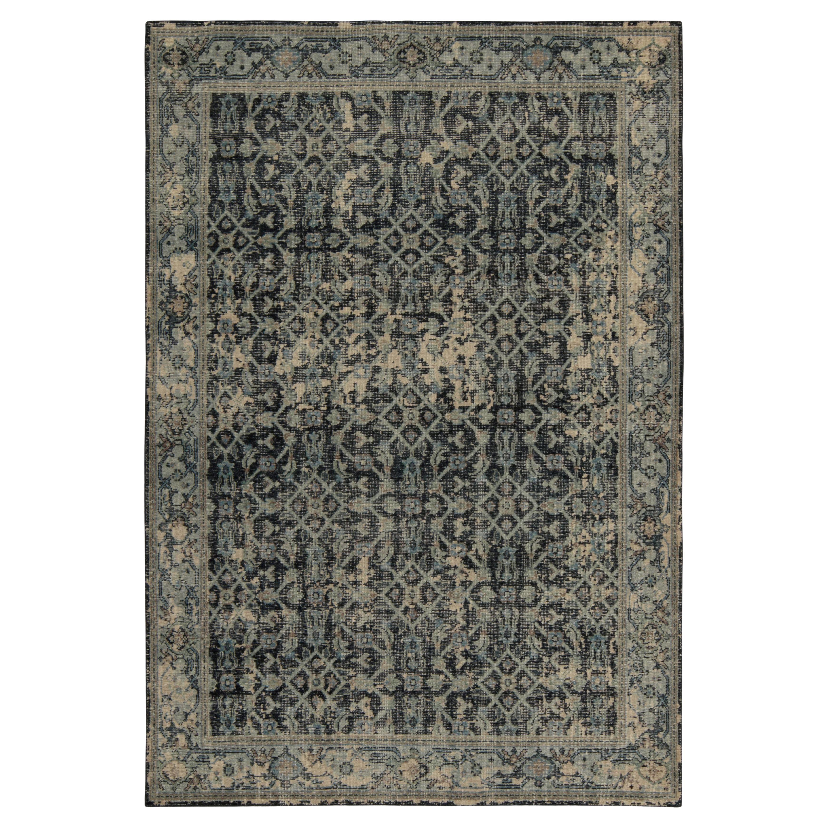 Rug & Kilim’s Distressed Style Rug in Blue and Beige Herati Pattern