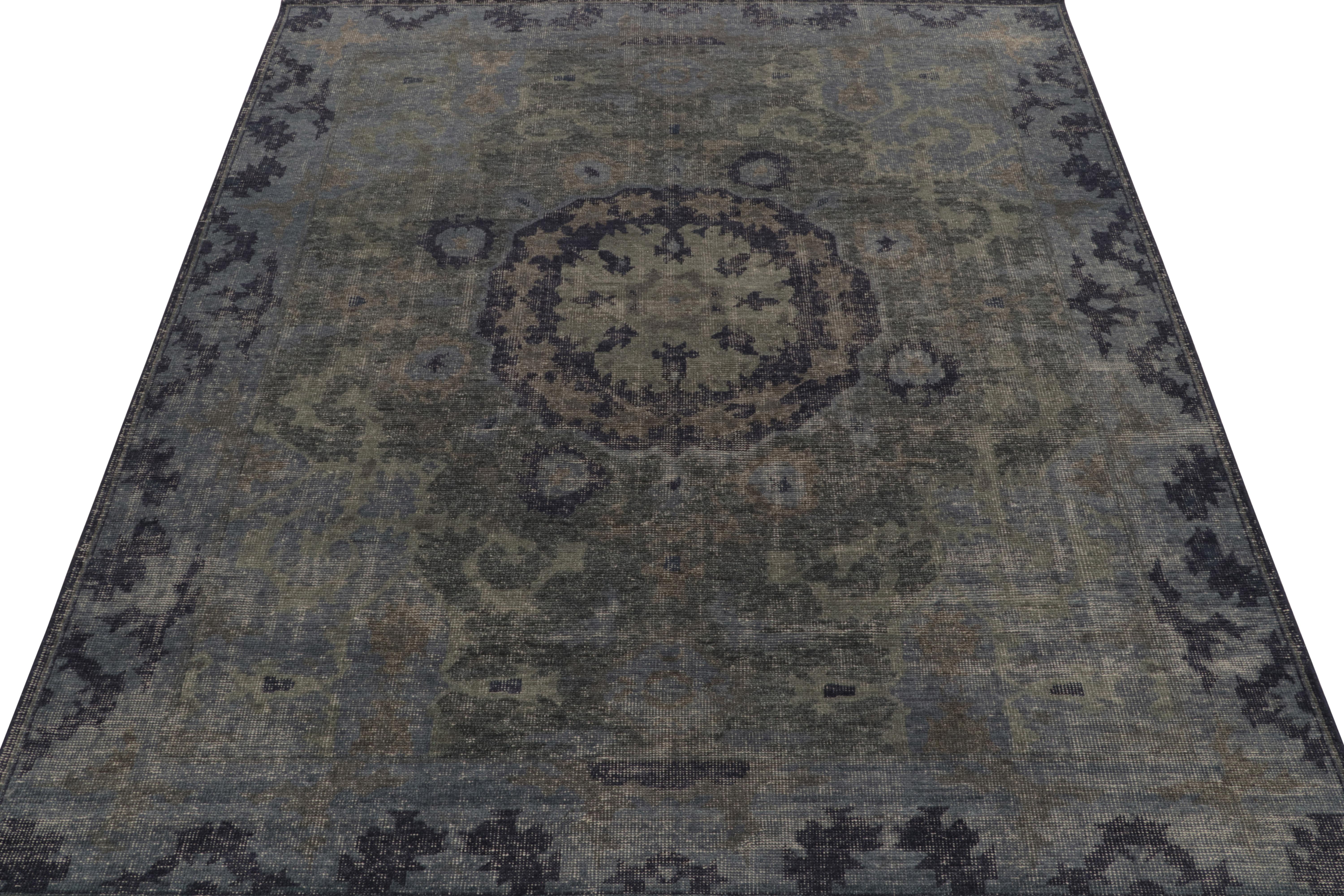 Modern Rug & Kilim’s Distressed Style Rug in Blue and Gray Medallion Pattern For Sale