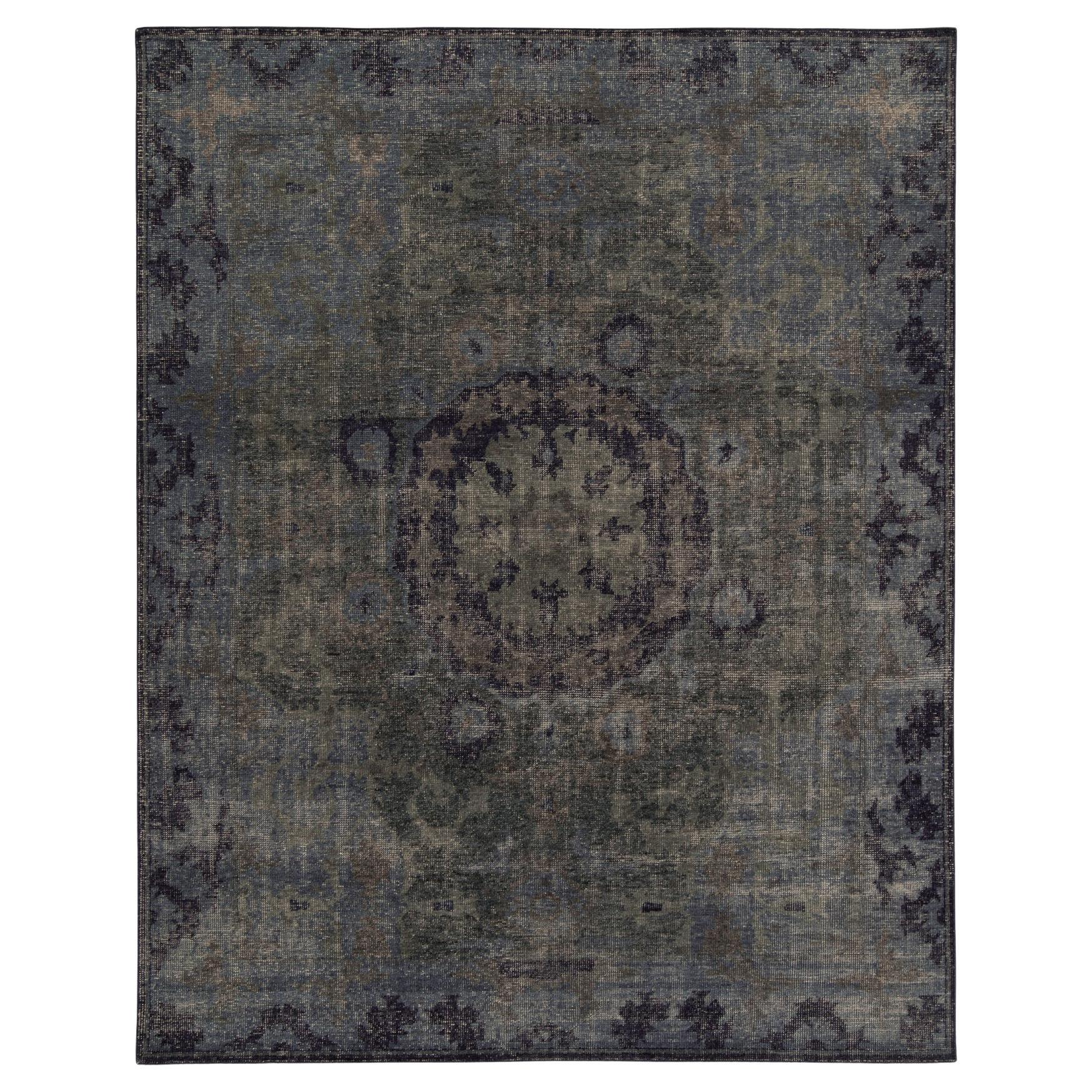 Rug & Kilim’s Distressed Style Rug in Blue and Gray Medallion Pattern For Sale