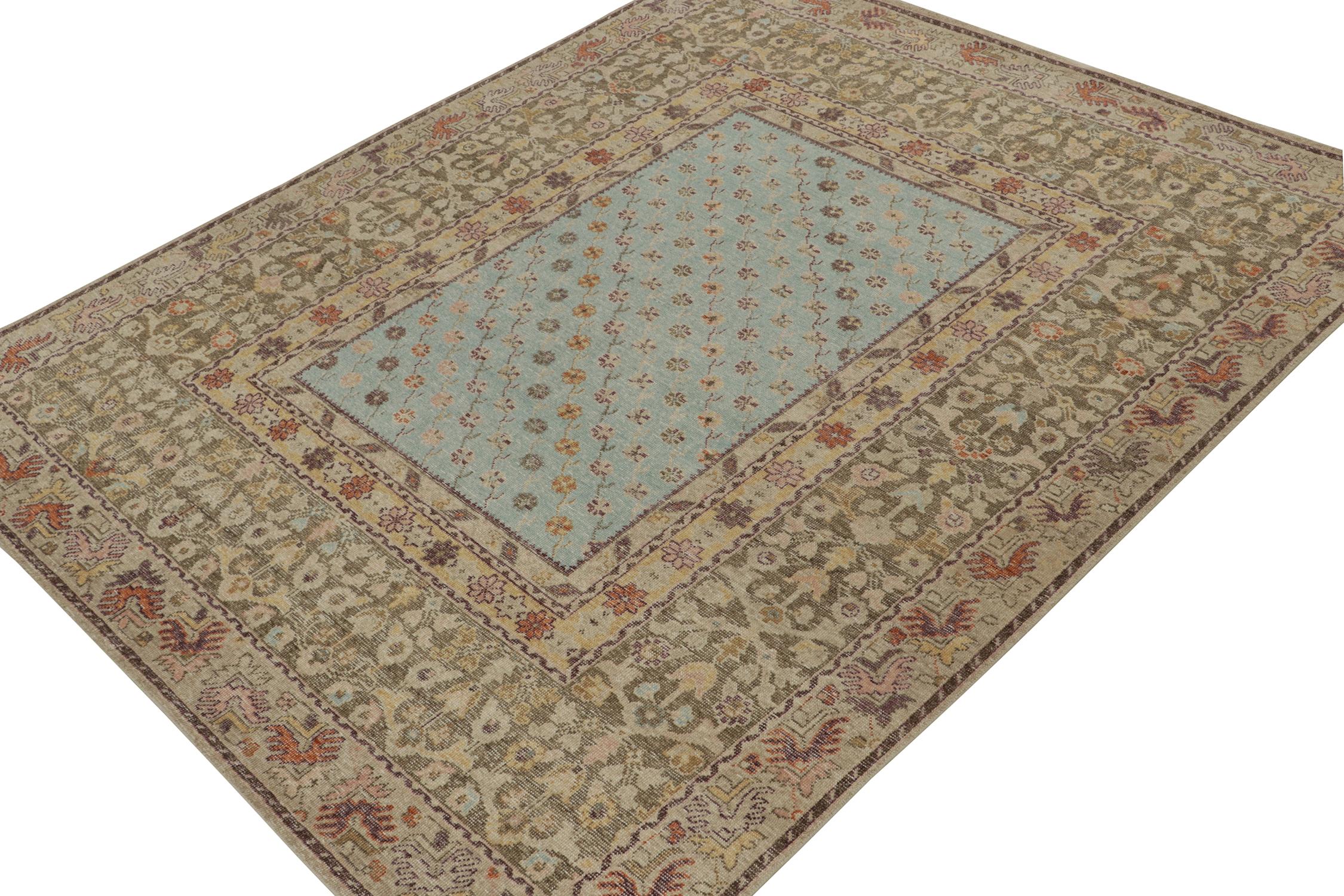 This 8x10 rug is a new addition to Rug & Kilim’s Homage Collection—a refreshing take on distressed style. Hand-knotted in wool and cotton.

Further On the Design:

This design draws on antique tribal rugs, and hosts a cool sky-blue field dense
