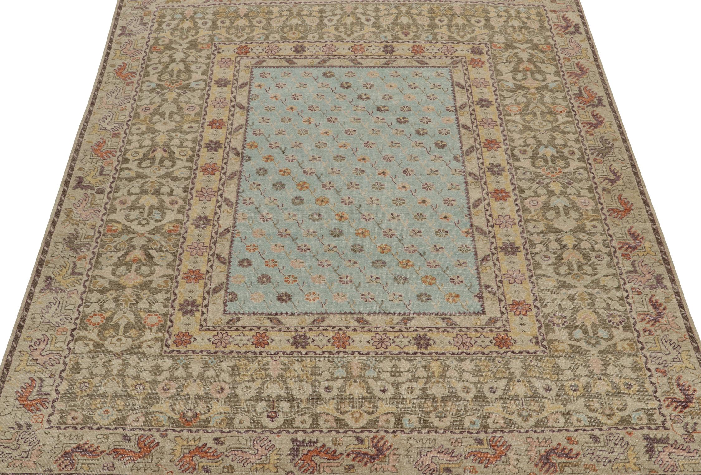 Art Deco Rug & Kilim’s Distressed Style Rug in Blue and Green with Floral Patterns For Sale