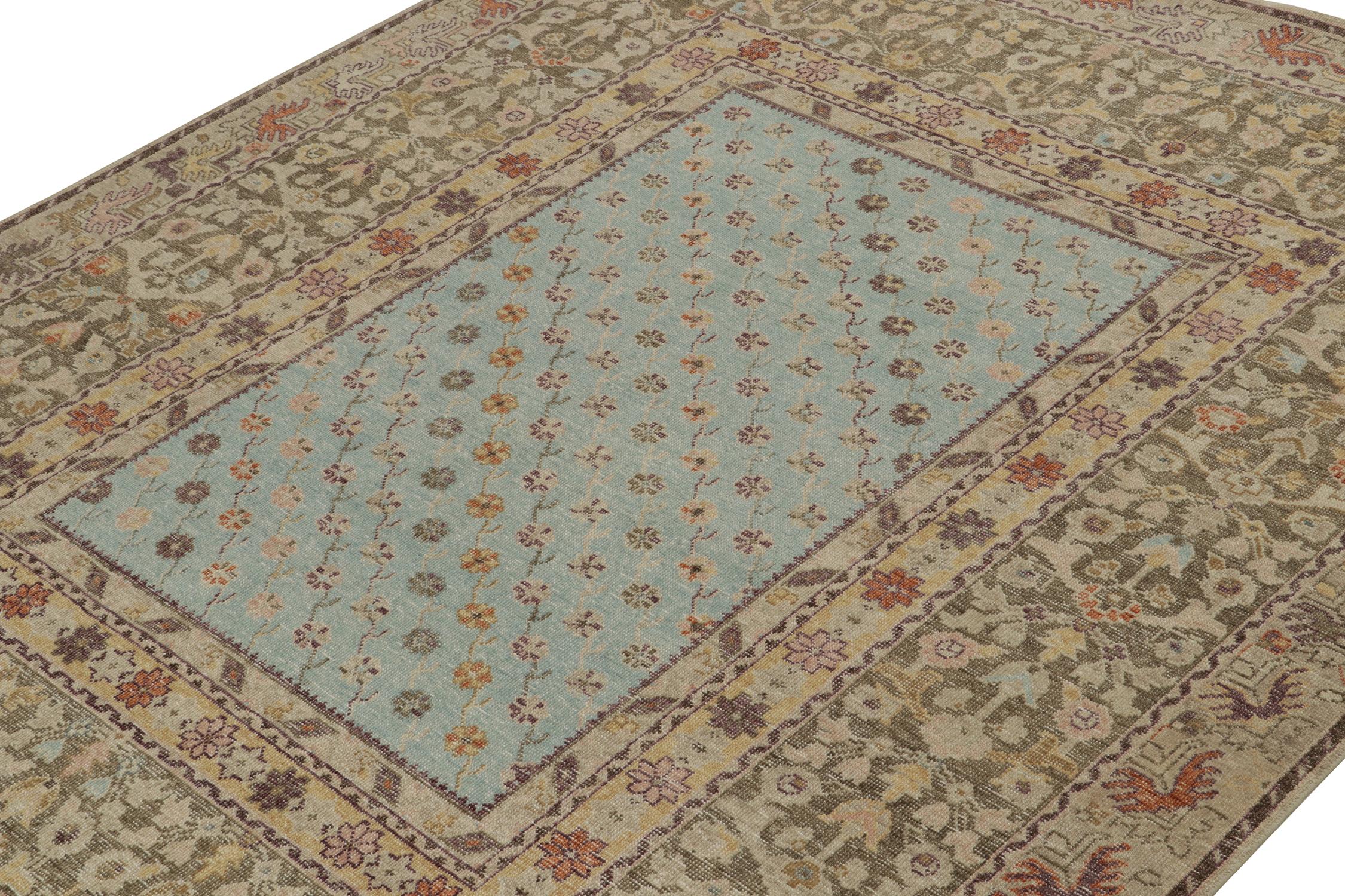 Indian Rug & Kilim’s Distressed Style Rug in Blue and Green with Floral Patterns For Sale