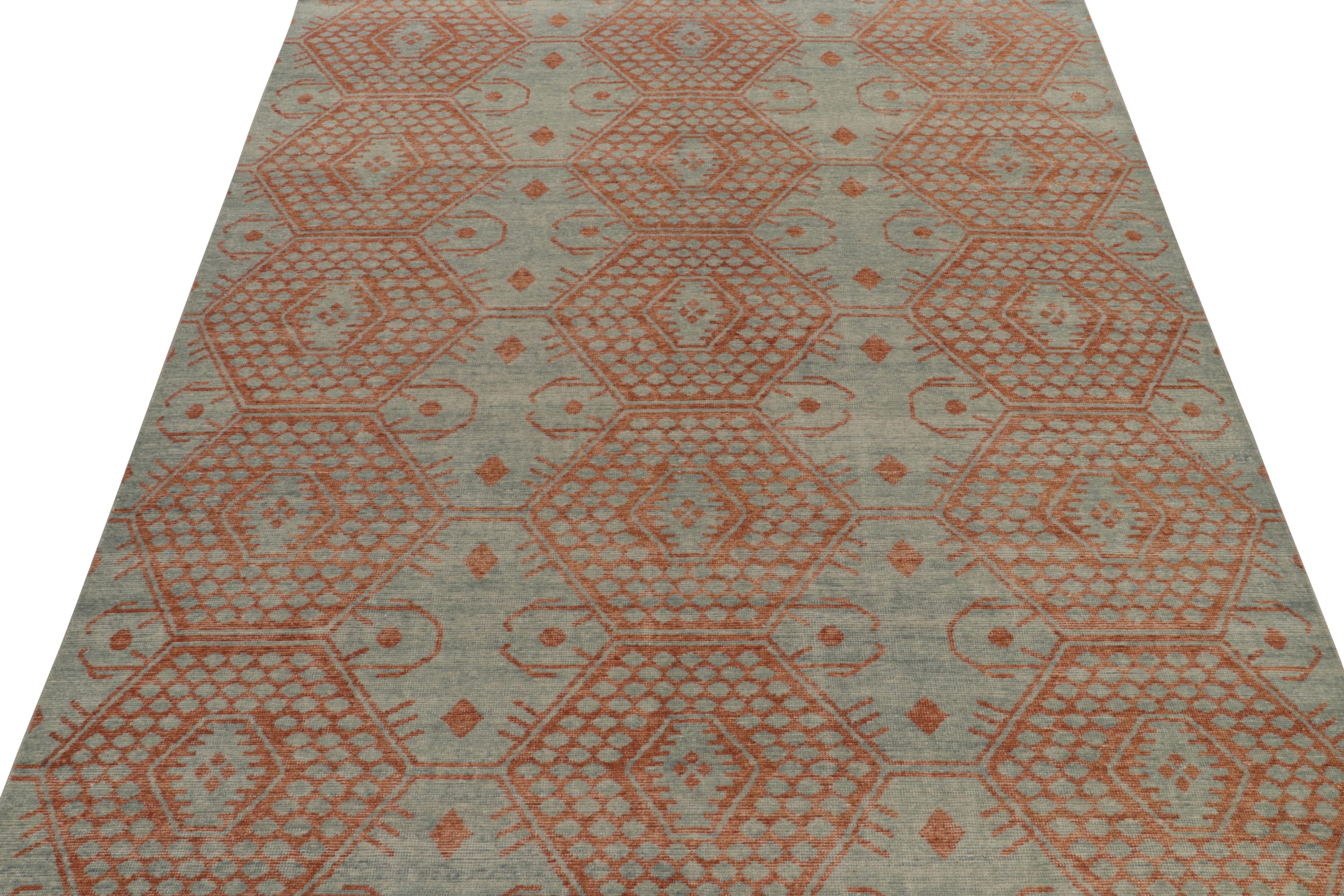 Modern Rug & Kilim’s Distressed Style Rug in Blue and Rust Orange Geometric Patterns For Sale