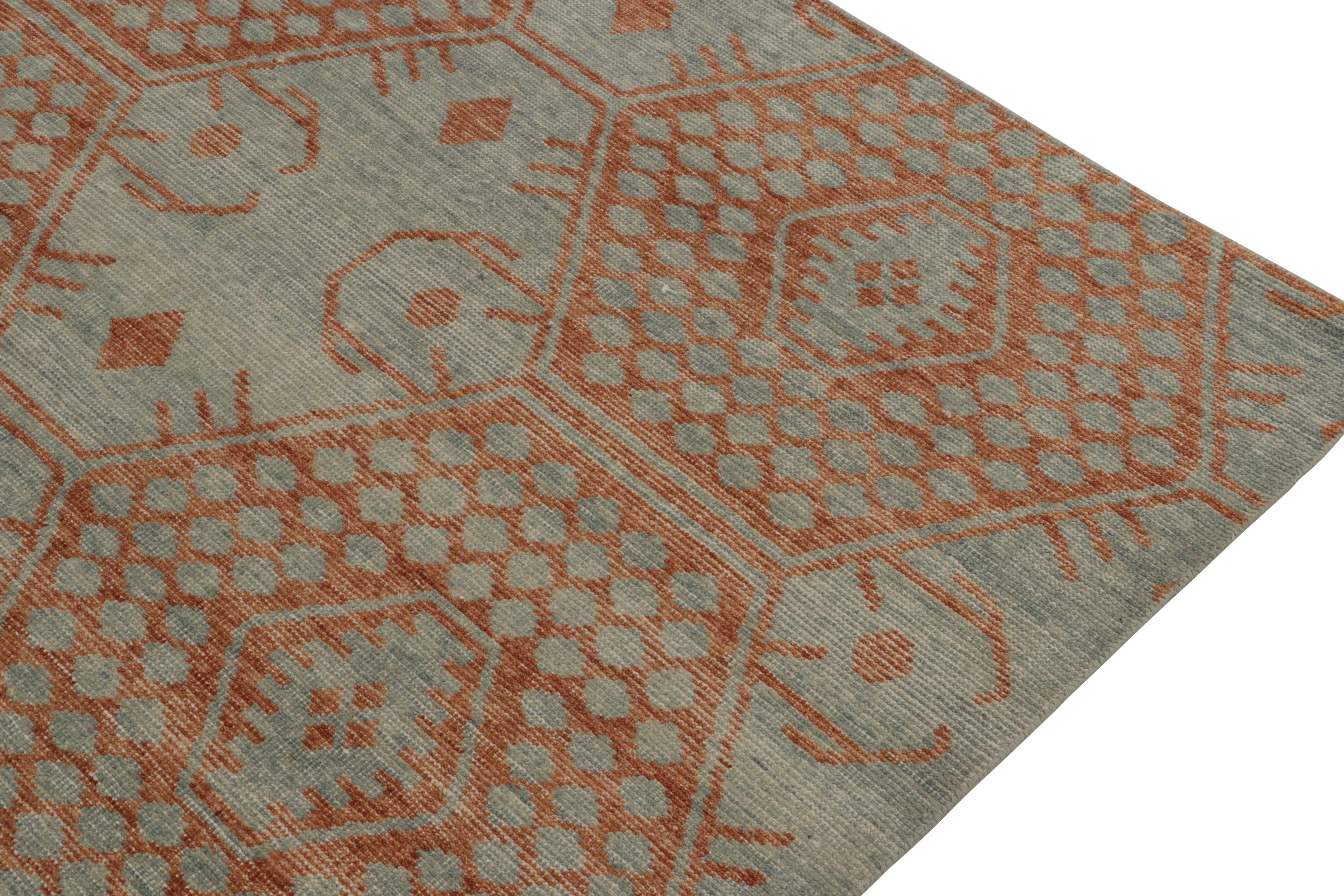 Hand-Knotted Rug & Kilim’s Distressed Style Rug in Blue and Rust Orange Geometric Patterns For Sale