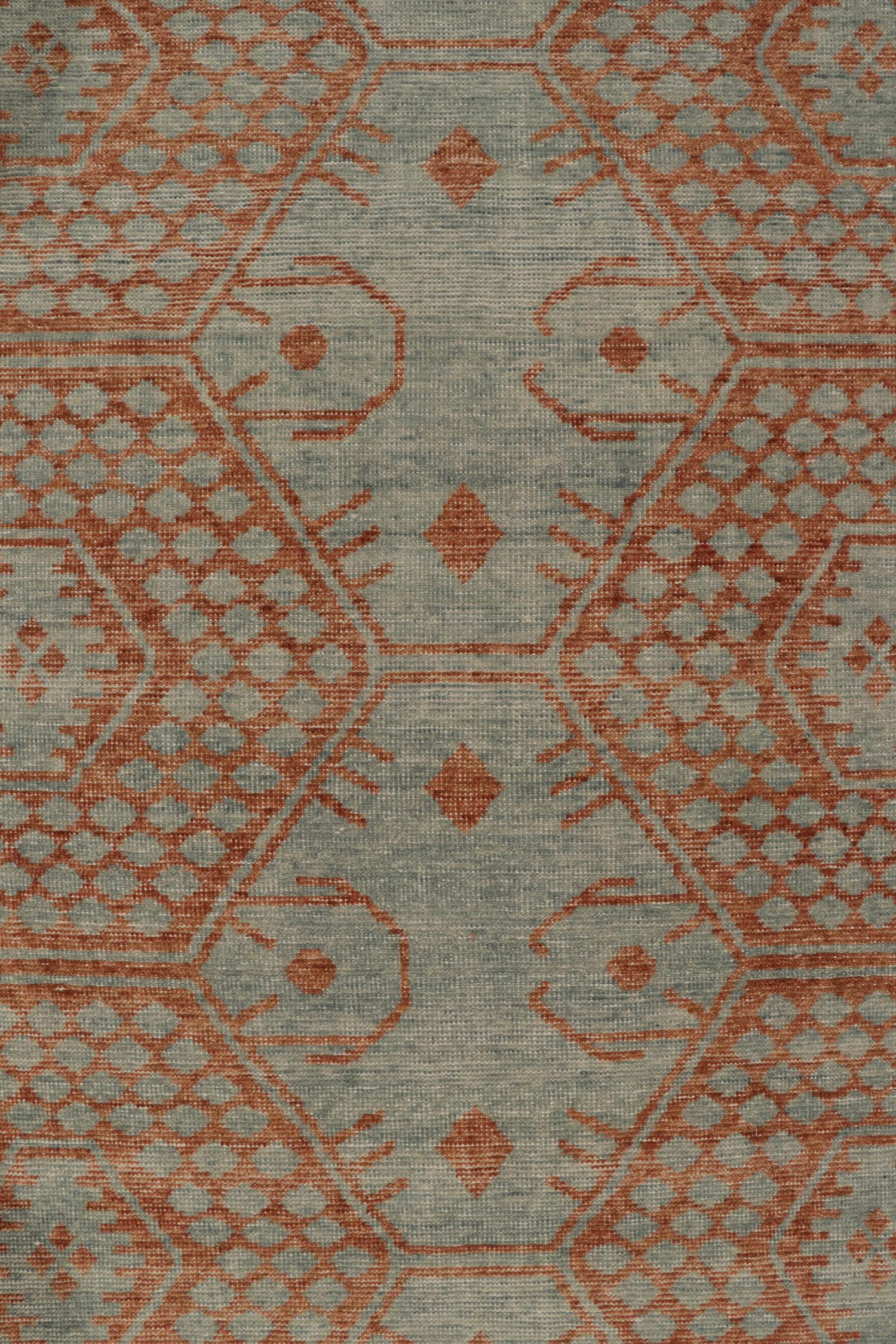 Rug & Kilim’s Distressed Style Rug in Blue and Rust Orange Geometric Patterns In New Condition For Sale In Long Island City, NY