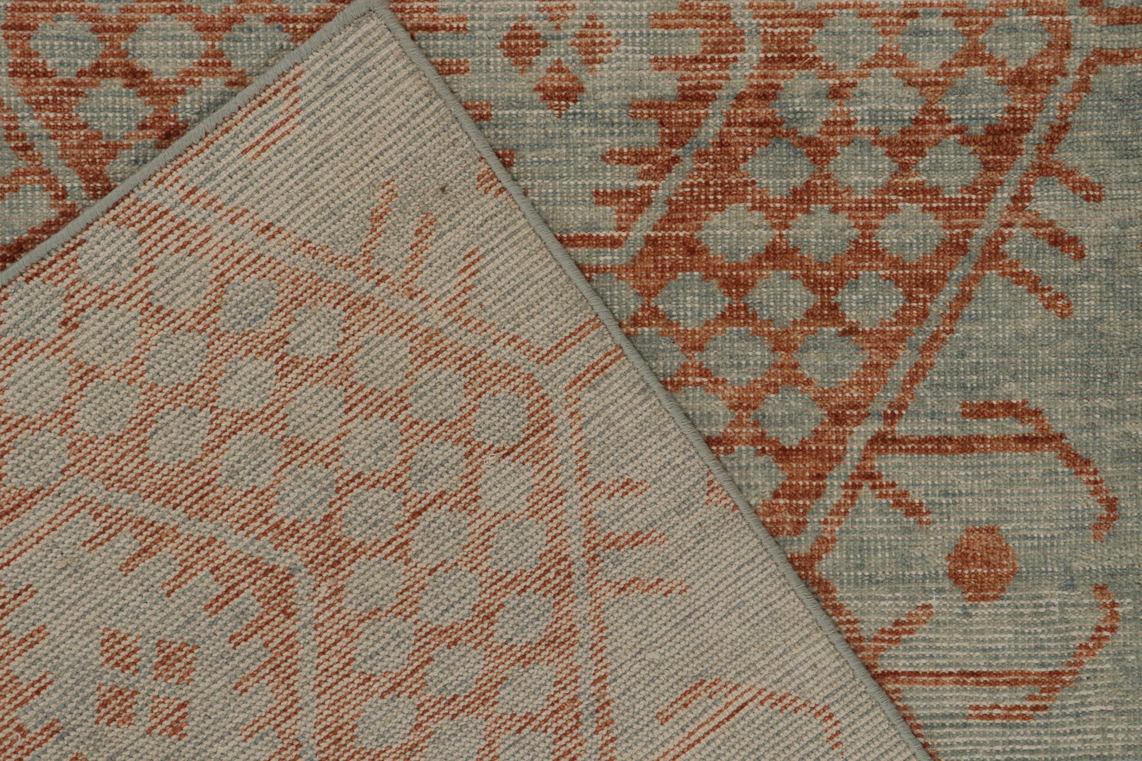 Contemporary Rug & Kilim’s Distressed Style Rug in Blue and Rust Orange Geometric Patterns For Sale