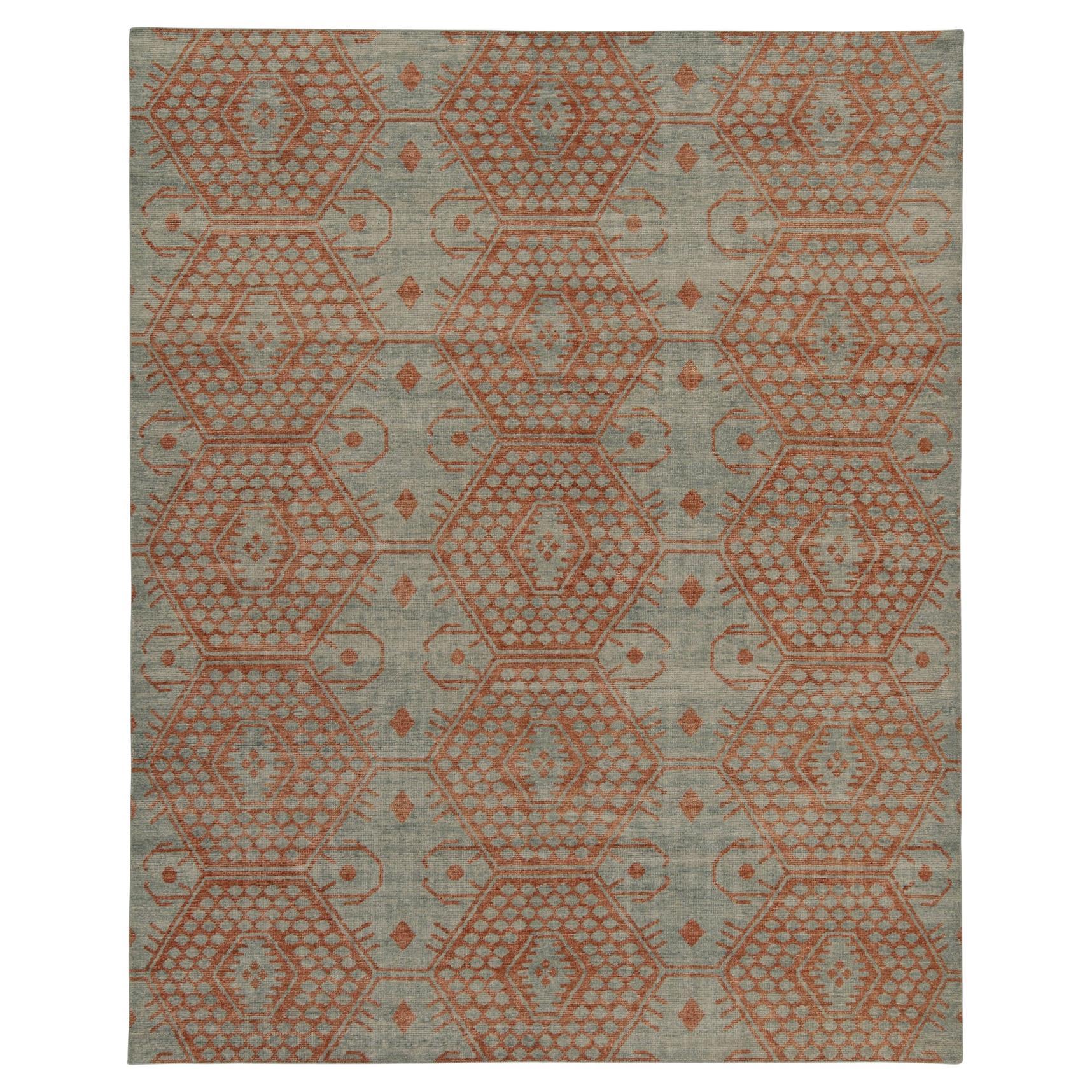 Rug & Kilim’s Distressed Style Rug in Blue and Rust Orange Geometric Patterns For Sale