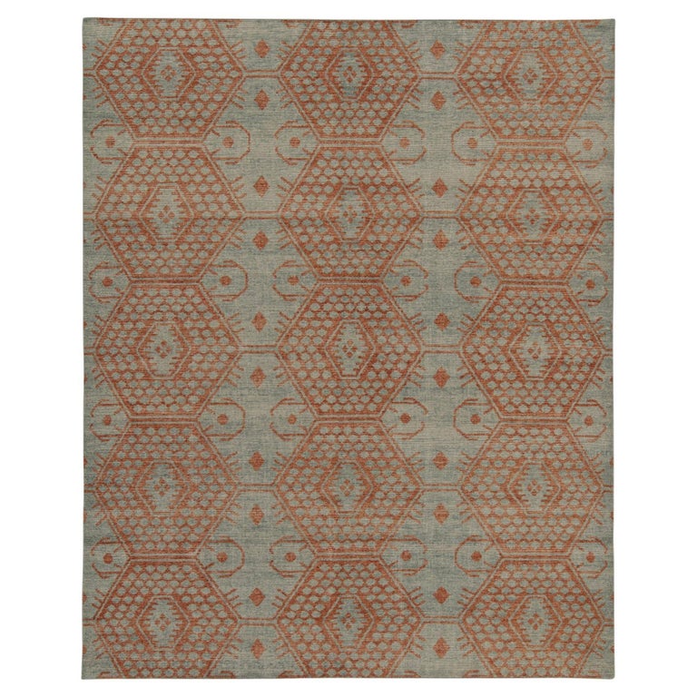Rug and Kilim’s Distressed Style Rug in Blue and Rust Orange Geometric