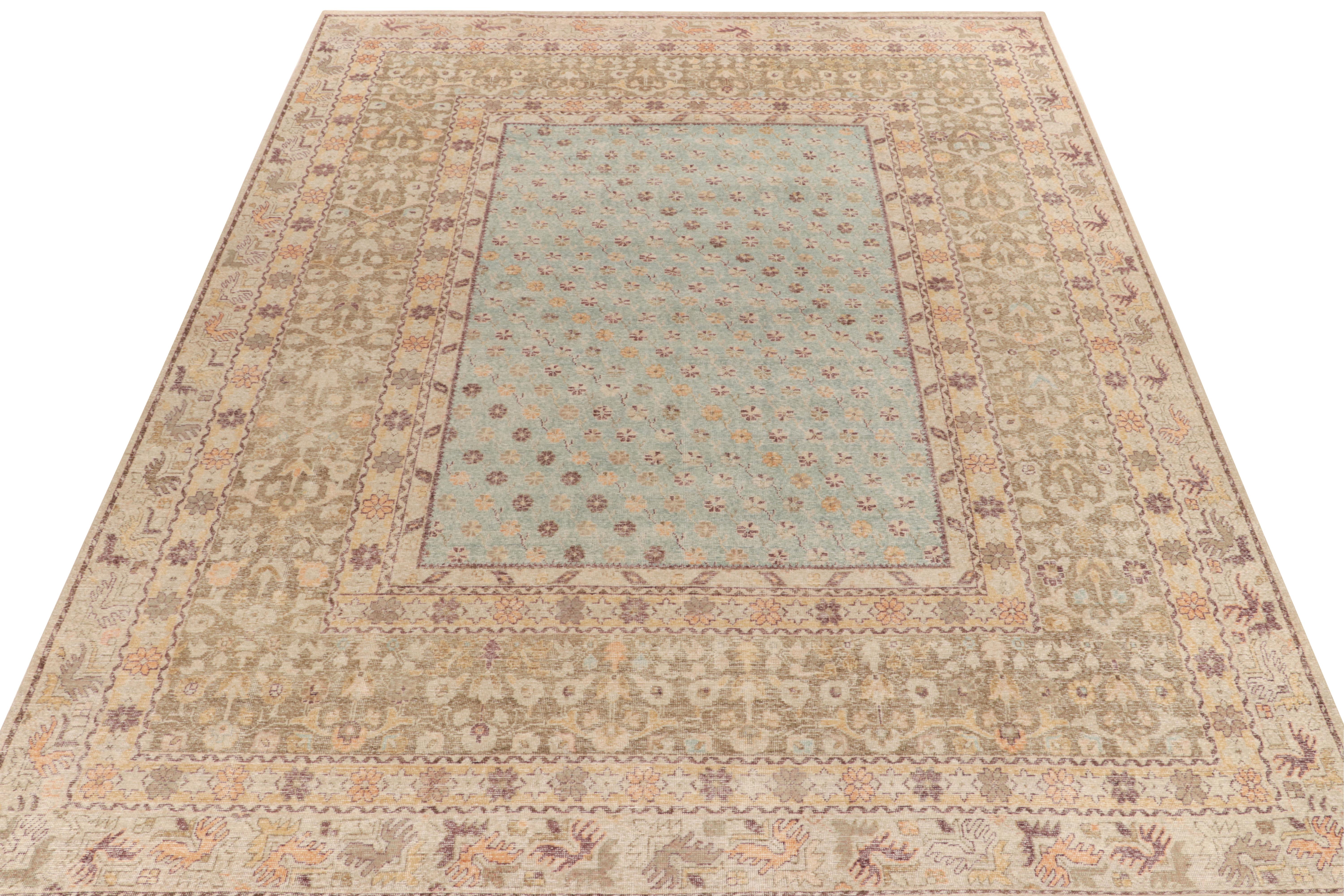 A 12x15 distressed style rug from Rug & Kilim’s coveted Homage Collection, enjoying an artful hand-knotted wool in low-pile shabby-chic texture. Inspired by tribal kilim styles, this carpet relishes gentle tones of blue, beige, brown, purple & gold