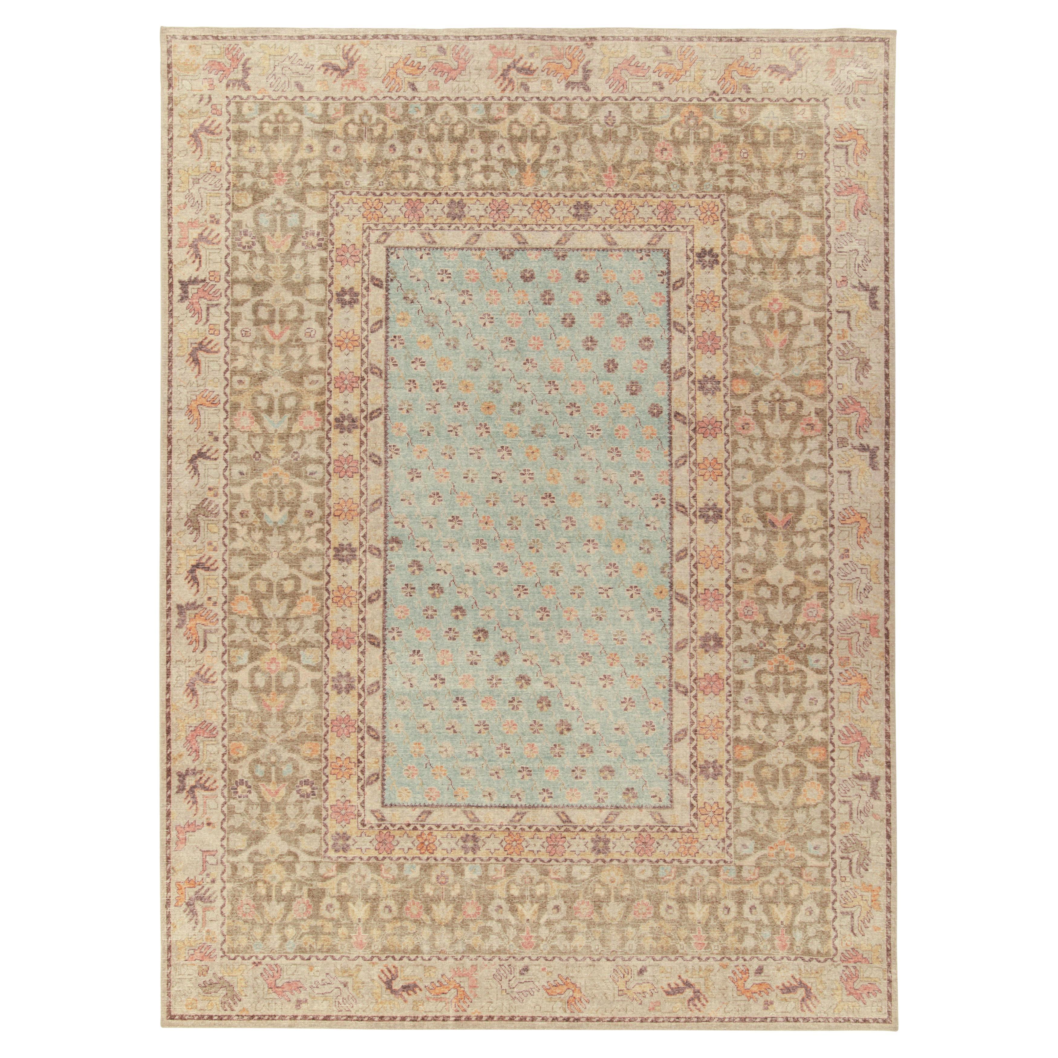 Rug & Kilim's Distressed Style Rug in Blue, Beige-Brown Floral Pattern For Sale