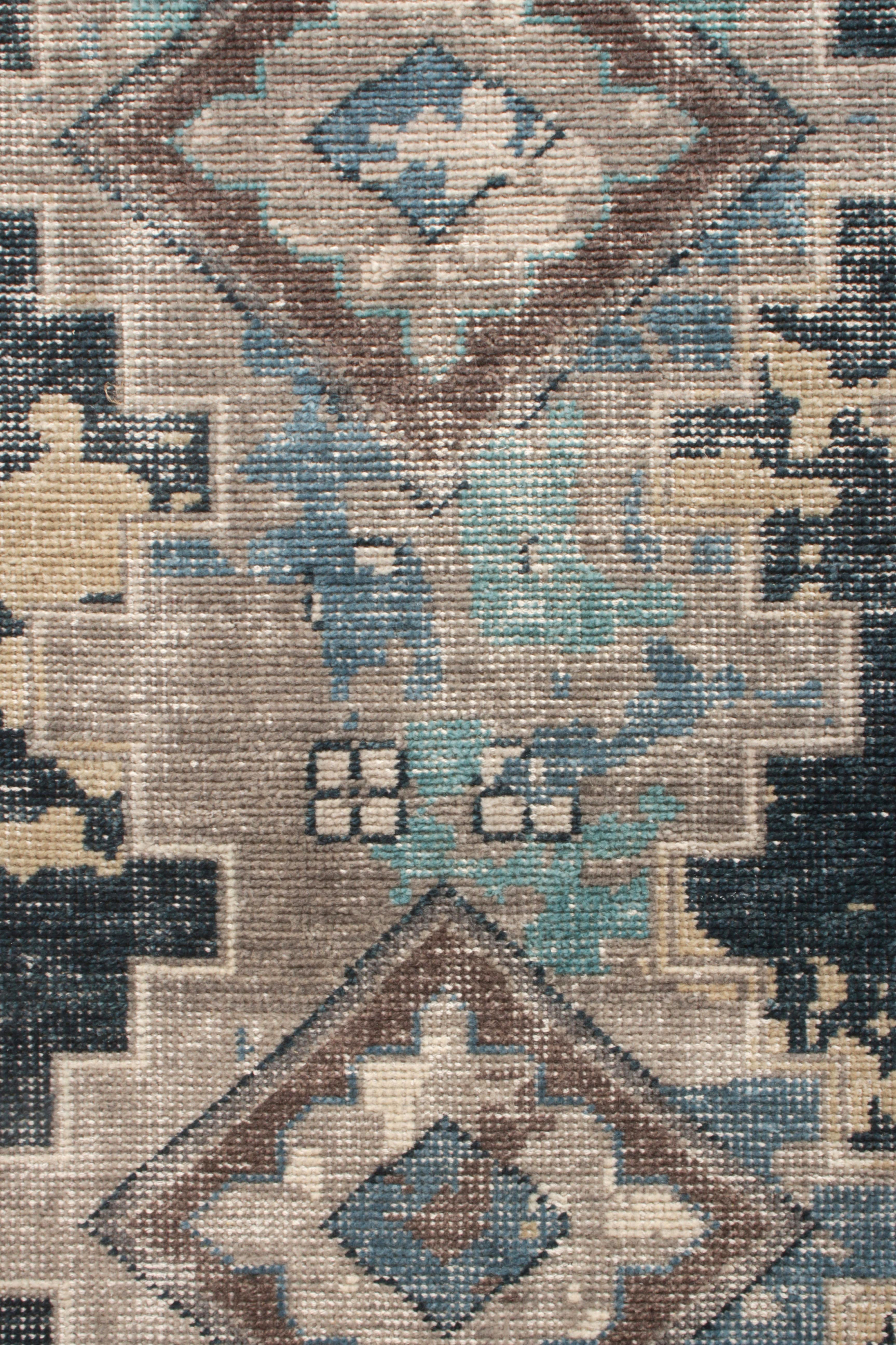 Indian Rug & Kilim’s Distressed Style Rug in Blue, Beige-Brown Geometric Pattern For Sale