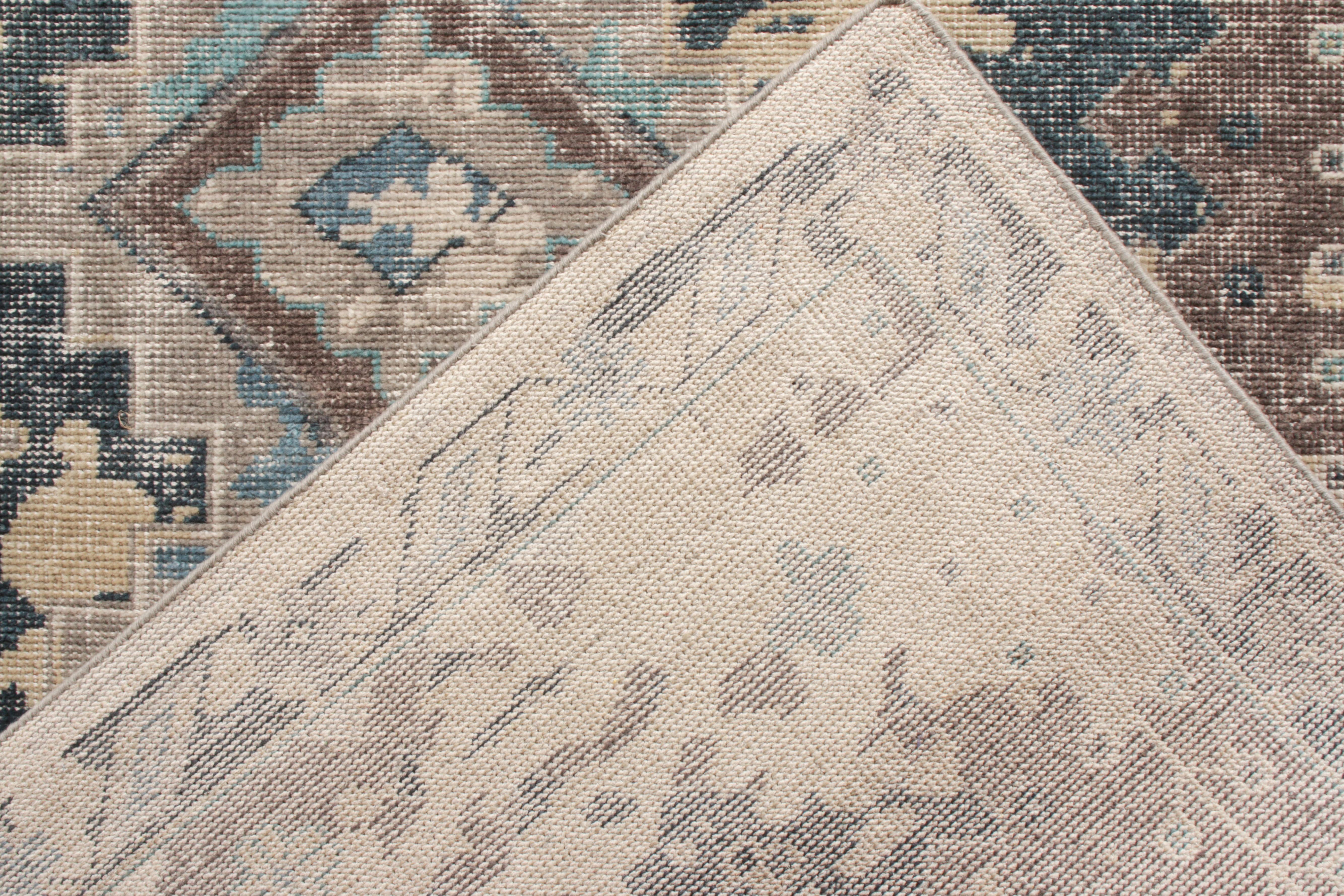 Hand-Knotted Rug & Kilim’s Distressed Style Rug in Blue, Beige-Brown Geometric Pattern For Sale